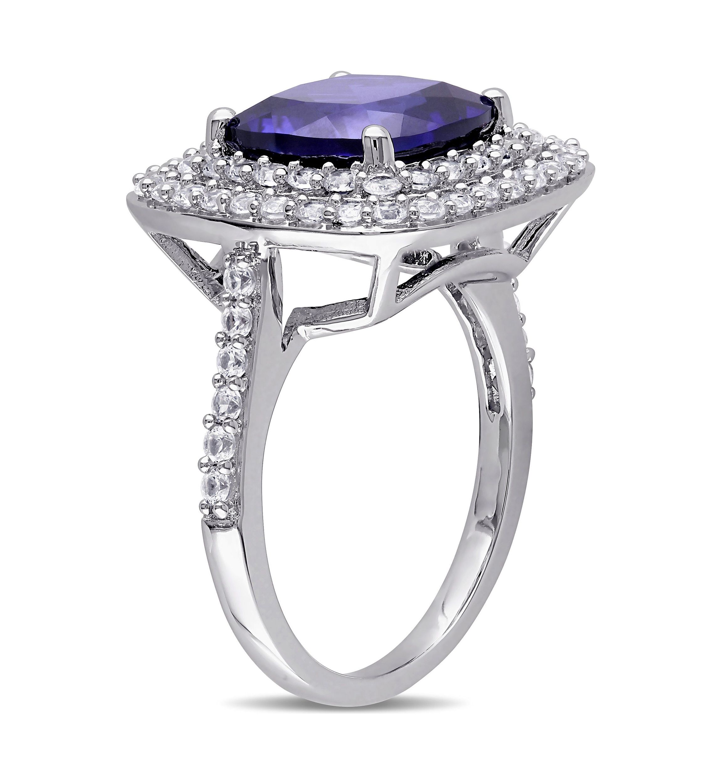 Lab Created 7 1/10 CT TGW Cushion Cut Created Blue and Created White Sapphire Double Halo Cocktail Ring in Sterling Silver