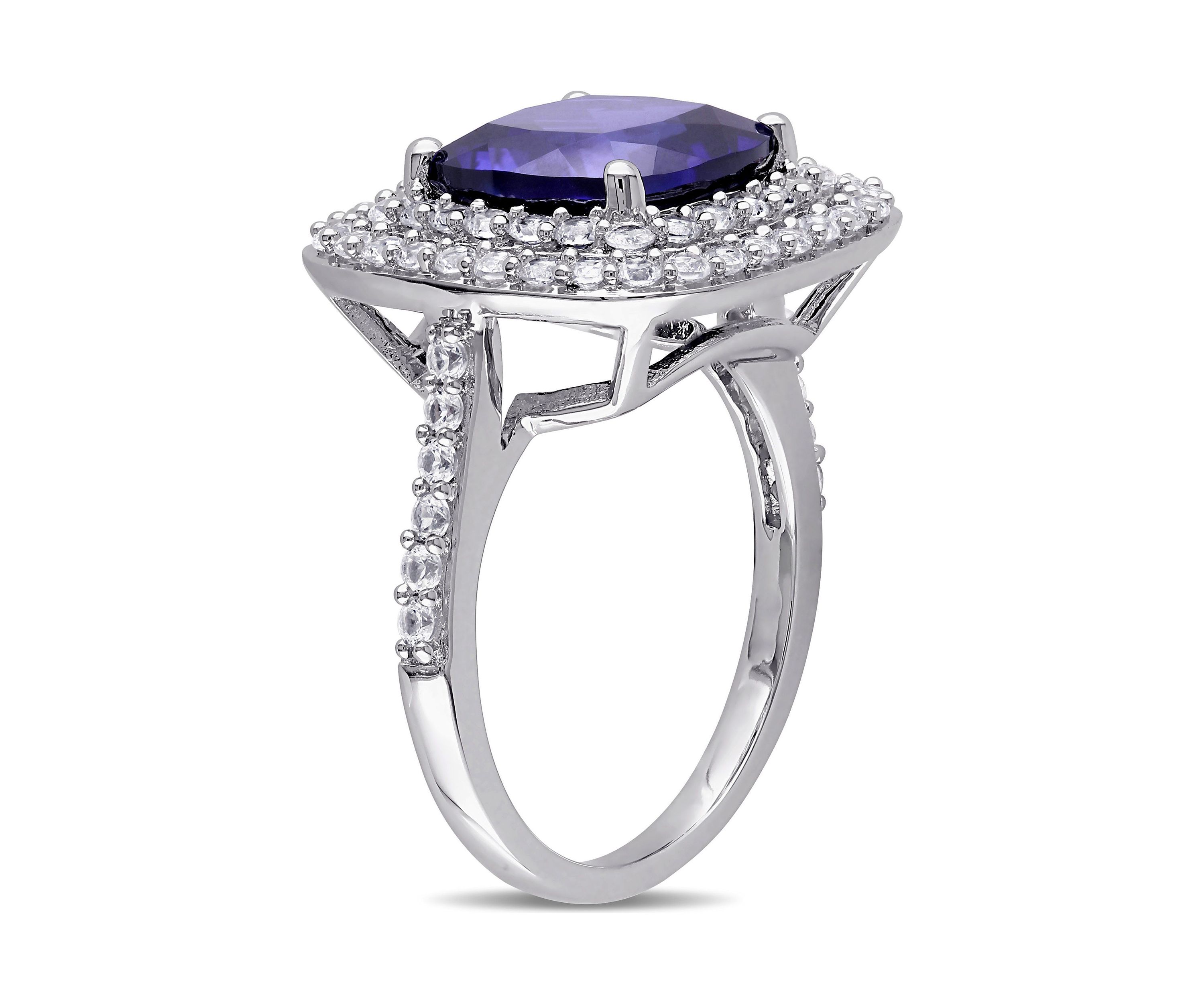 Lab Created 7 1/10 CT TGW Cushion Cut Created Blue and Created White Sapphire Double Halo Cocktail Ring in Sterling Silver