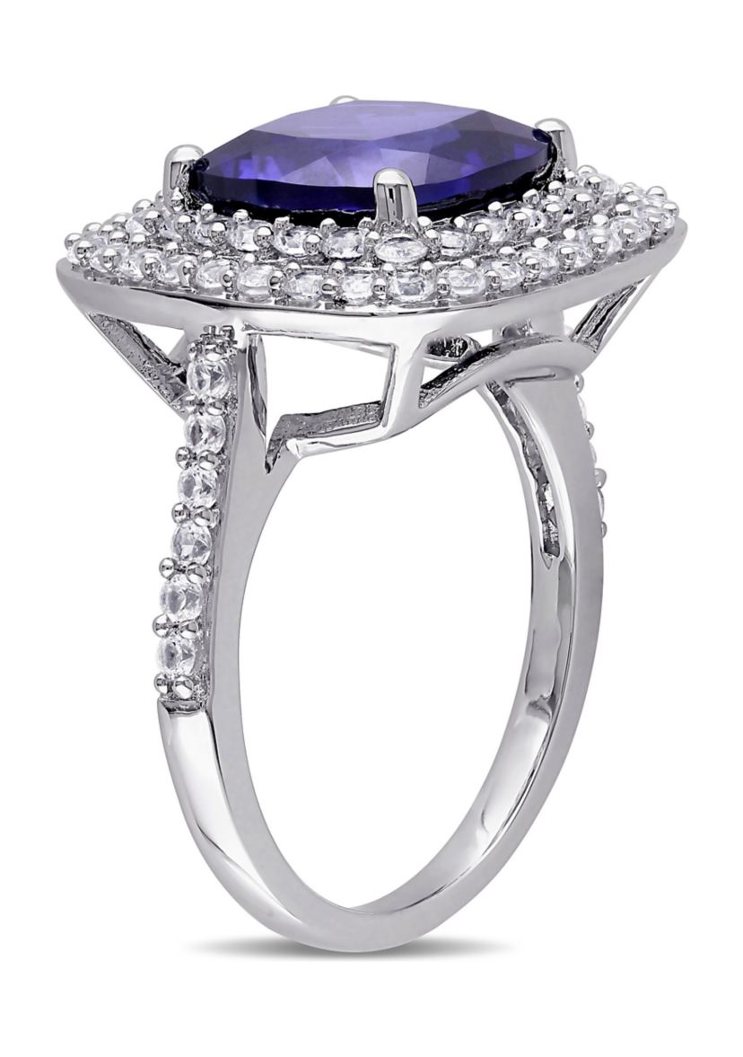 Lab Created 7 1/10 CT TGW Cushion Cut Created Blue and Created White Sapphire Double Halo Cocktail Ring in Sterling Silver