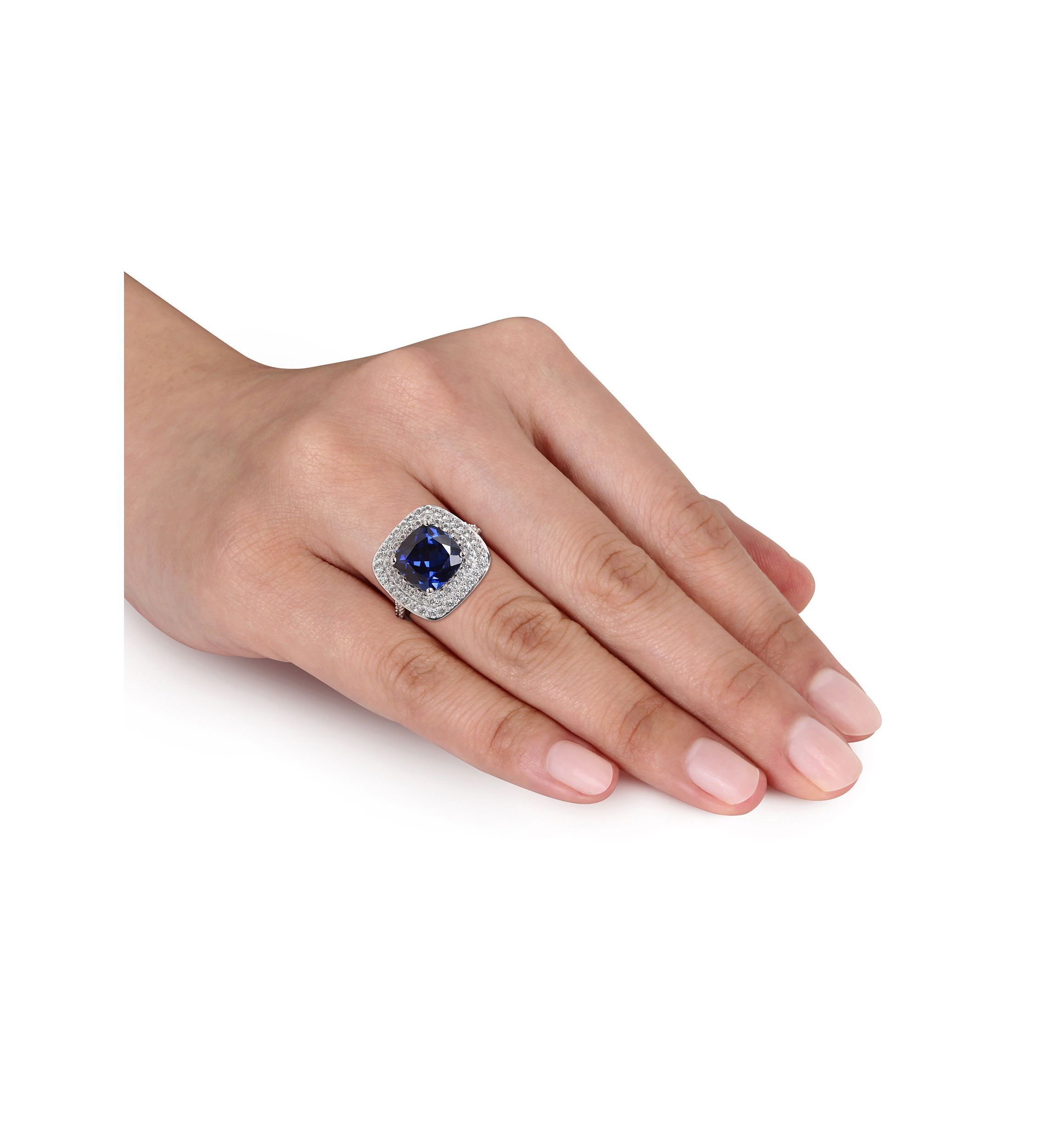 Lab Created 7 1/10 CT TGW Cushion Cut Created Blue and Created White Sapphire Double Halo Cocktail Ring in Sterling Silver