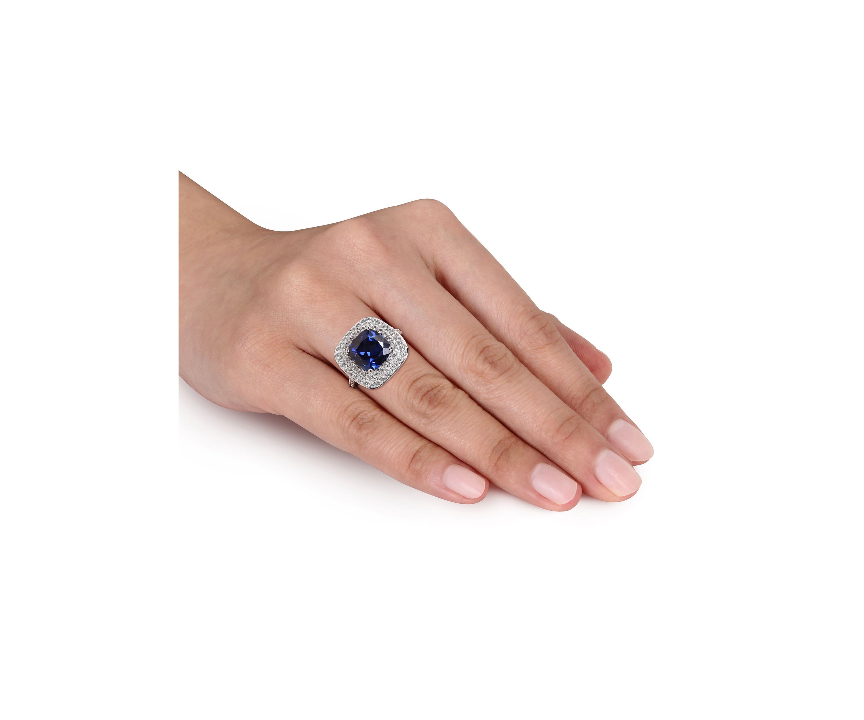 Lab Created 7 1/10 CT TGW Cushion Cut Created Blue and Created White Sapphire Double Halo Cocktail Ring in Sterling Silver