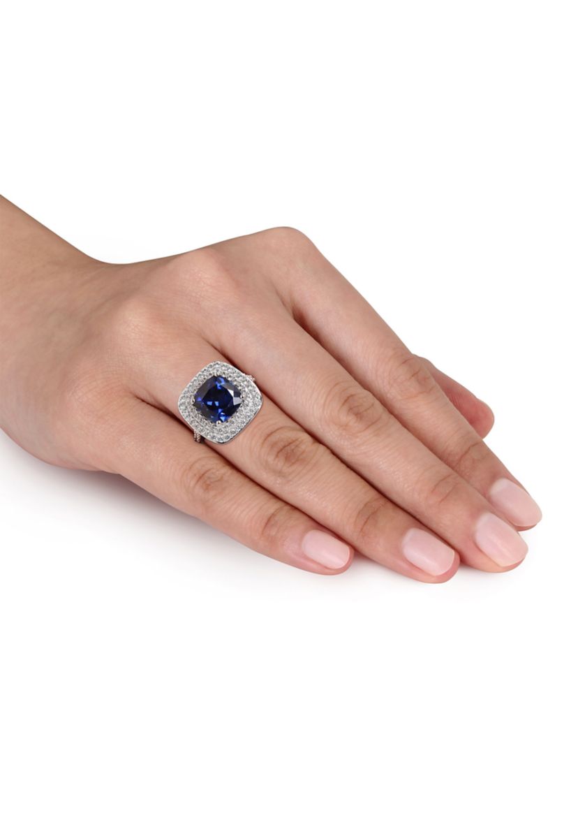 Lab Created 7 1/10 CT TGW Cushion Cut Created Blue and Created White Sapphire Double Halo Cocktail Ring in Sterling Silver