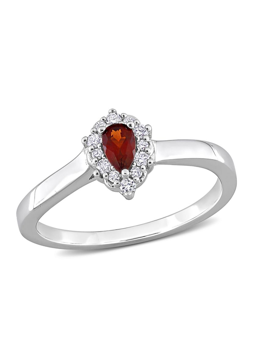 1/4 CT TGW Garnet and 1/10 CT TDW Diamond Teardrop Halo Ring in Sterling Silver