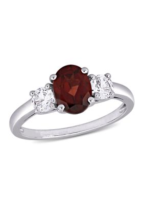 Belk & Co Lab Created Oval Cut Garnet and White Sapphire 3-Stone Ring in Sterling Silver, 7