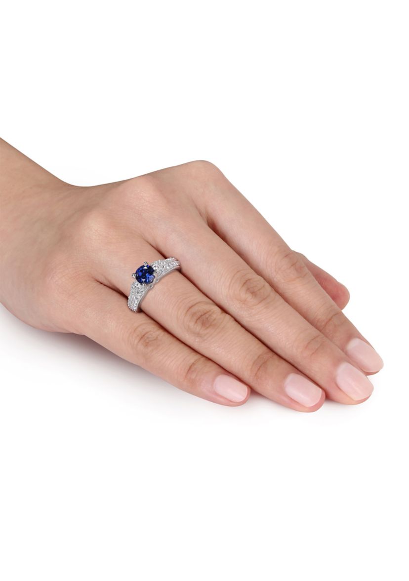 Lab Created Created Blue and Created White Sapphire Engagement Ring in Sterling Silver