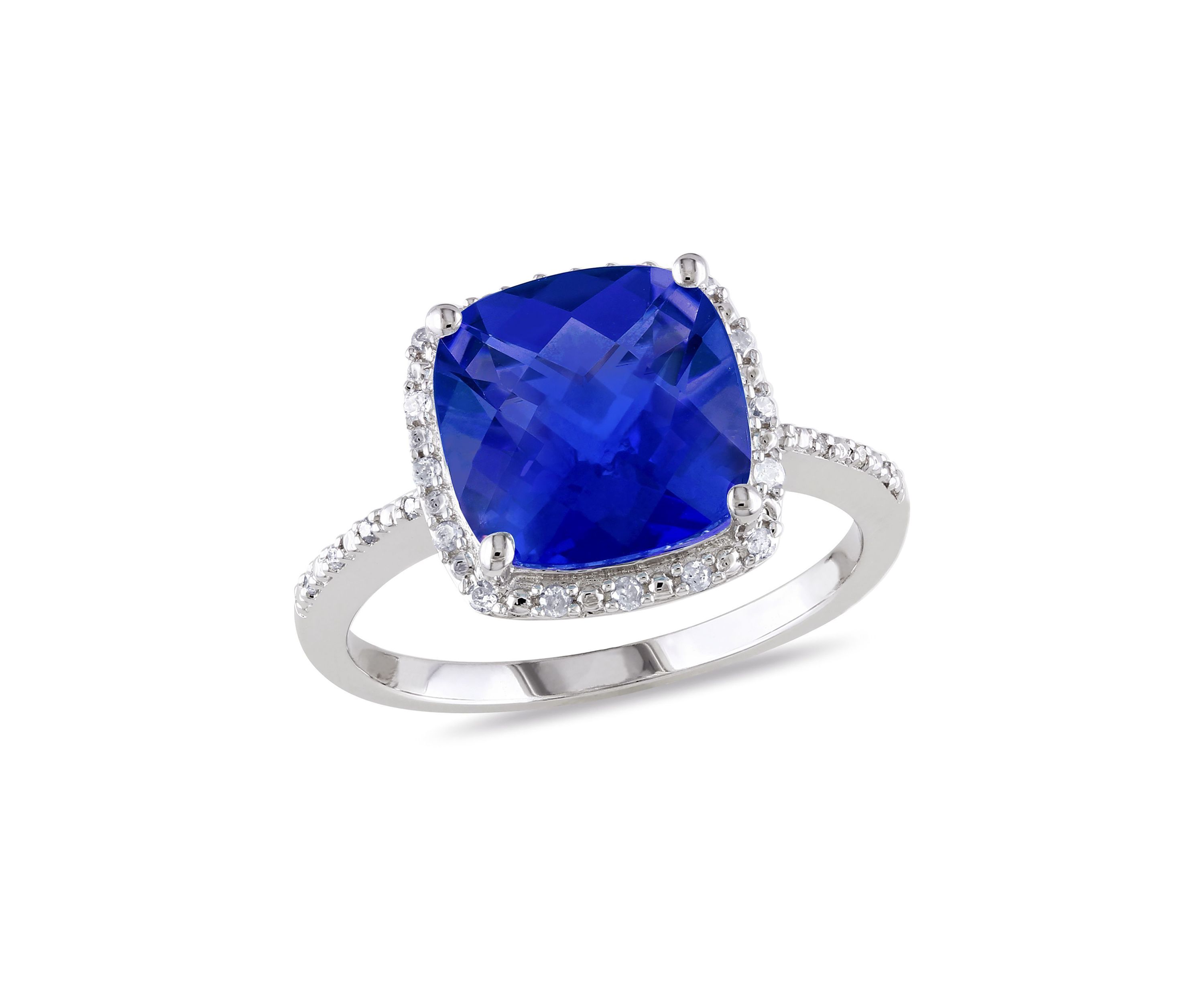 Lab Created 1/10 CT TW Diamond and 5 3/4 CT TGW Cushion Cut Created Blue Sapphire Halo Ring in Sterling Silver