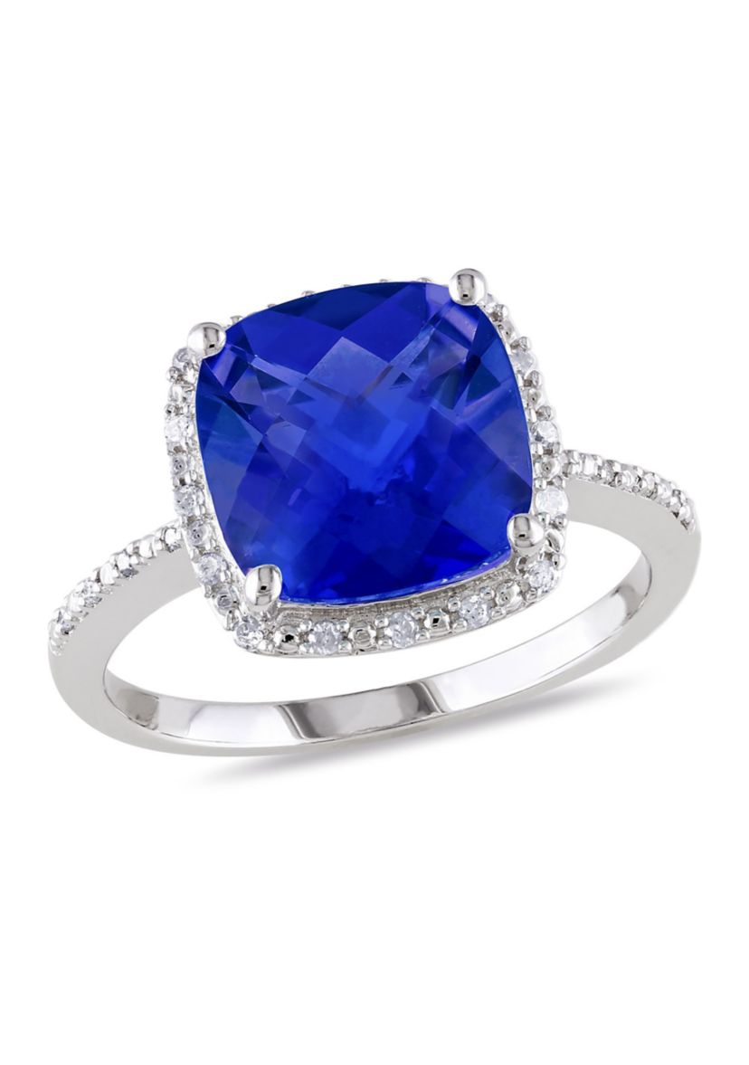 Lab Created 1/10 CT TW Diamond and 5 3/4 CT TGW Cushion Cut Created Blue Sapphire Halo Ring in Sterling Silver