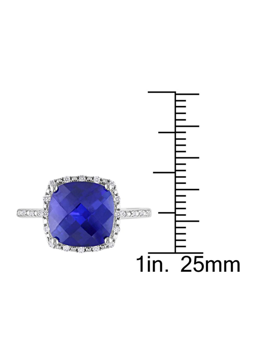 Lab Created 1/10 CT TW Diamond and 5 3/4 CT TGW Cushion Cut Created Blue Sapphire Halo Ring in Sterling Silver