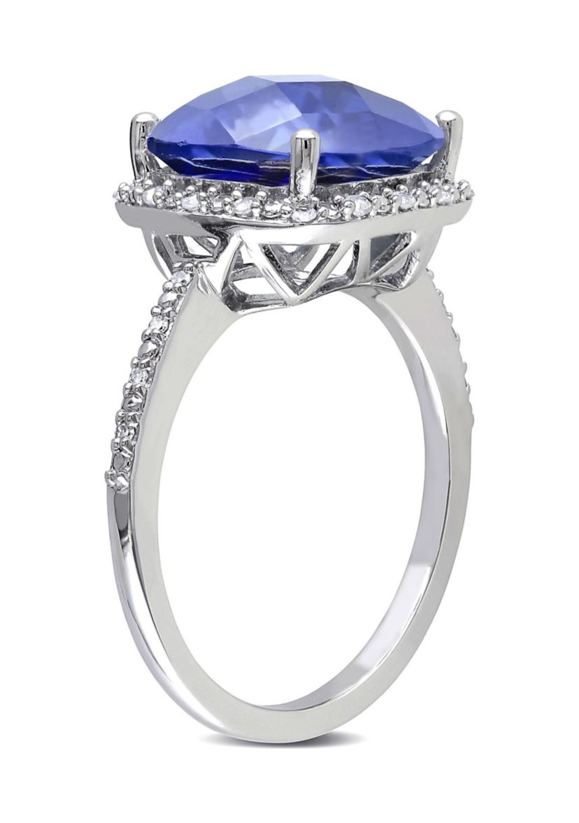 Lab Created 1/10 CT TW Diamond and 5 3/4 CT TGW Cushion Cut Created Blue Sapphire Halo Ring in Sterling Silver