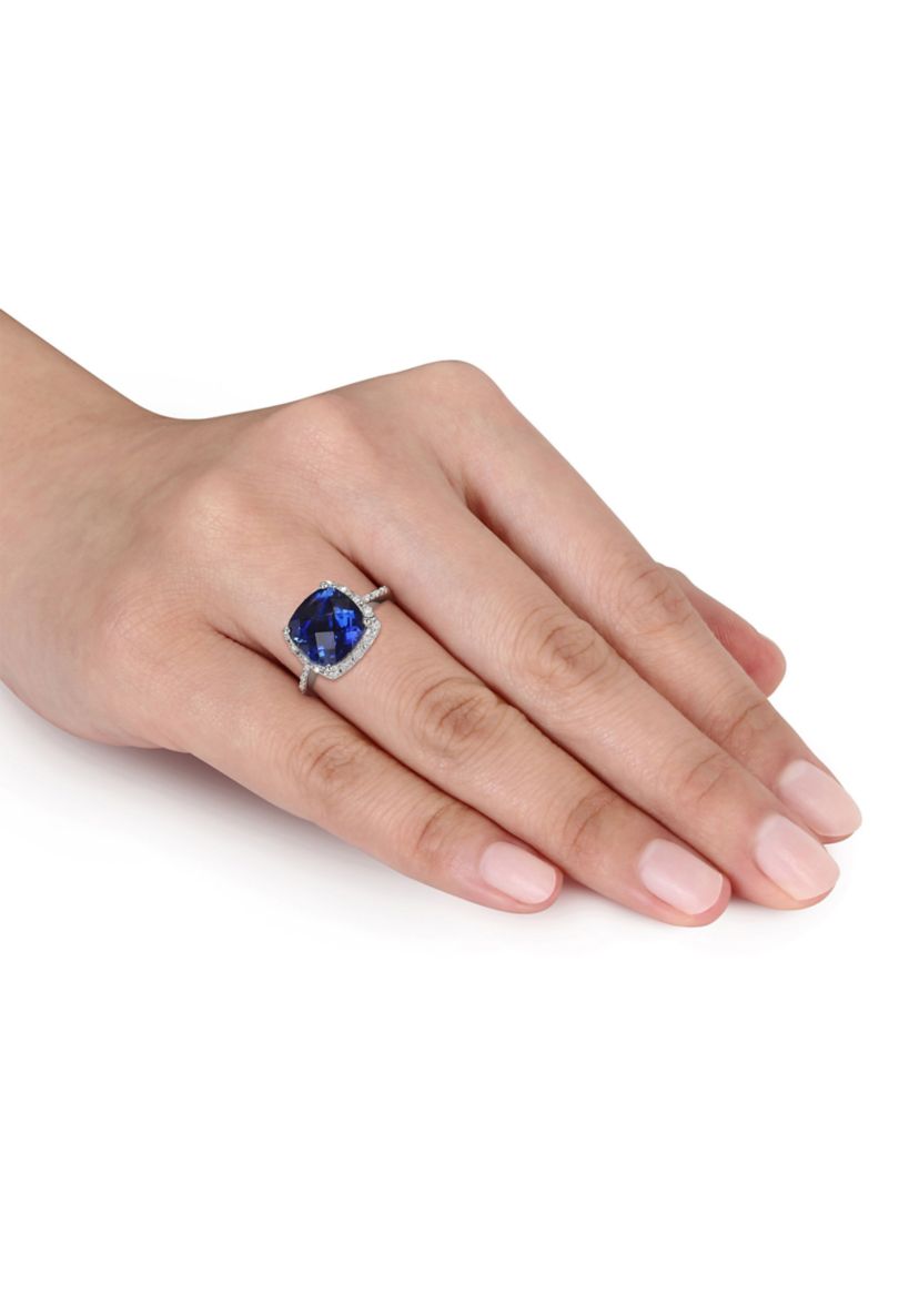 Lab Created 1/10 CT TW Diamond and 5 3/4 CT TGW Cushion Cut Created Blue Sapphire Halo Ring in Sterling Silver