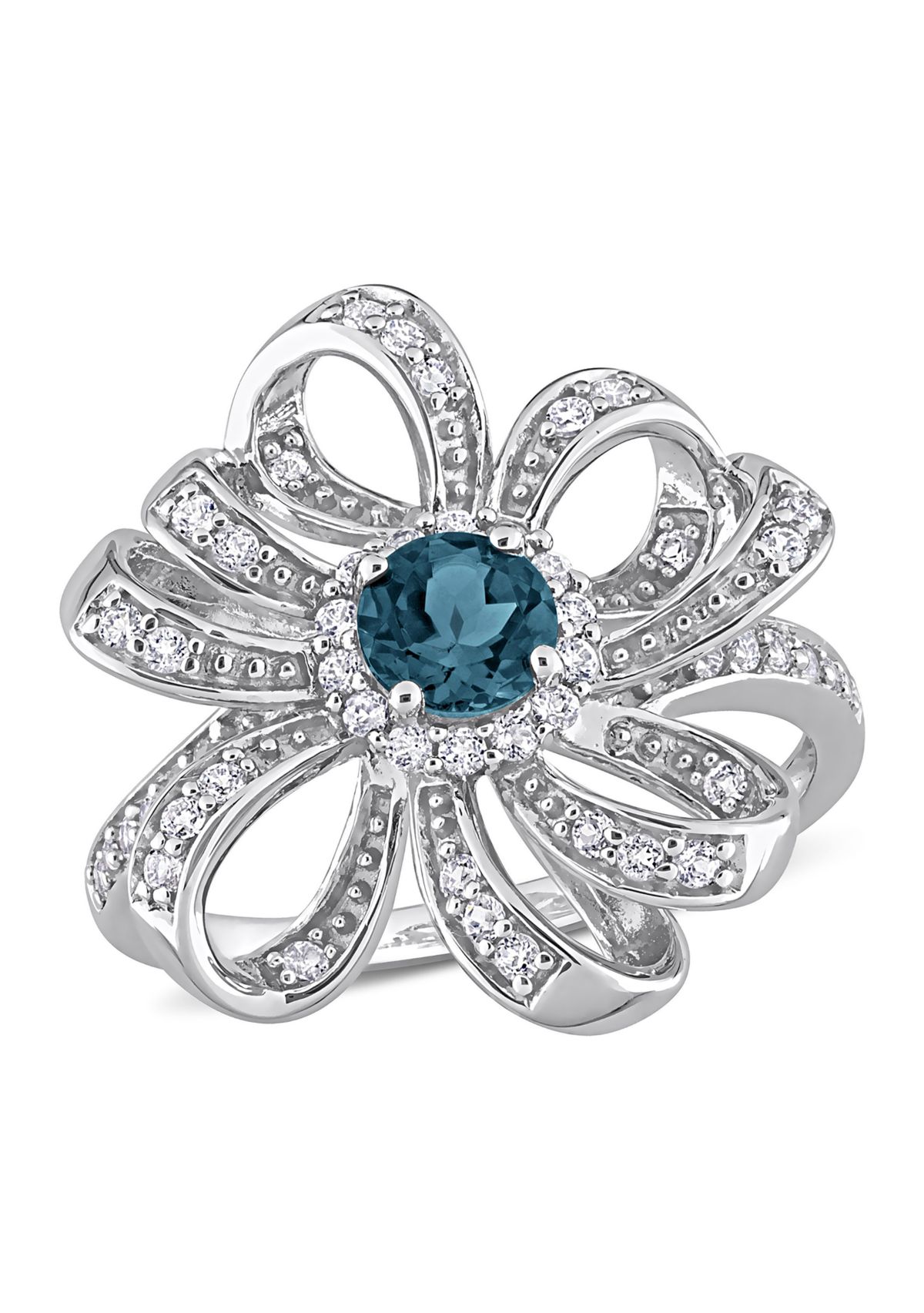 1 CT TGW London Blue Topaz and White Topaz Flower Cocktail Ring in Sterling Silver
