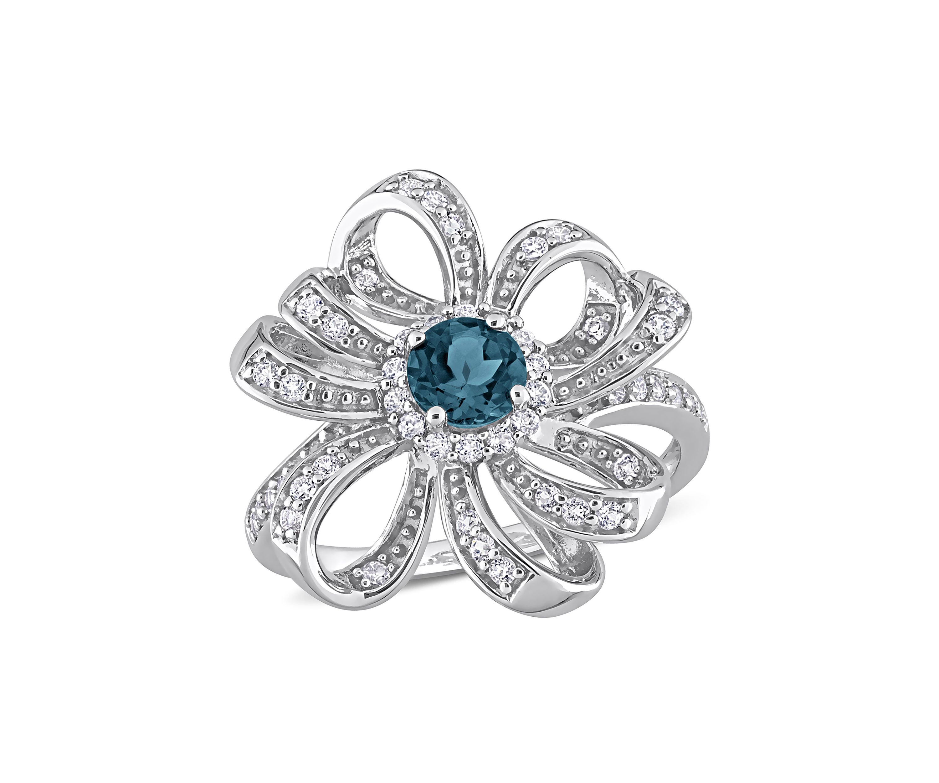 1 CT TGW London Blue Topaz and White Topaz Flower Cocktail Ring in Sterling Silver
