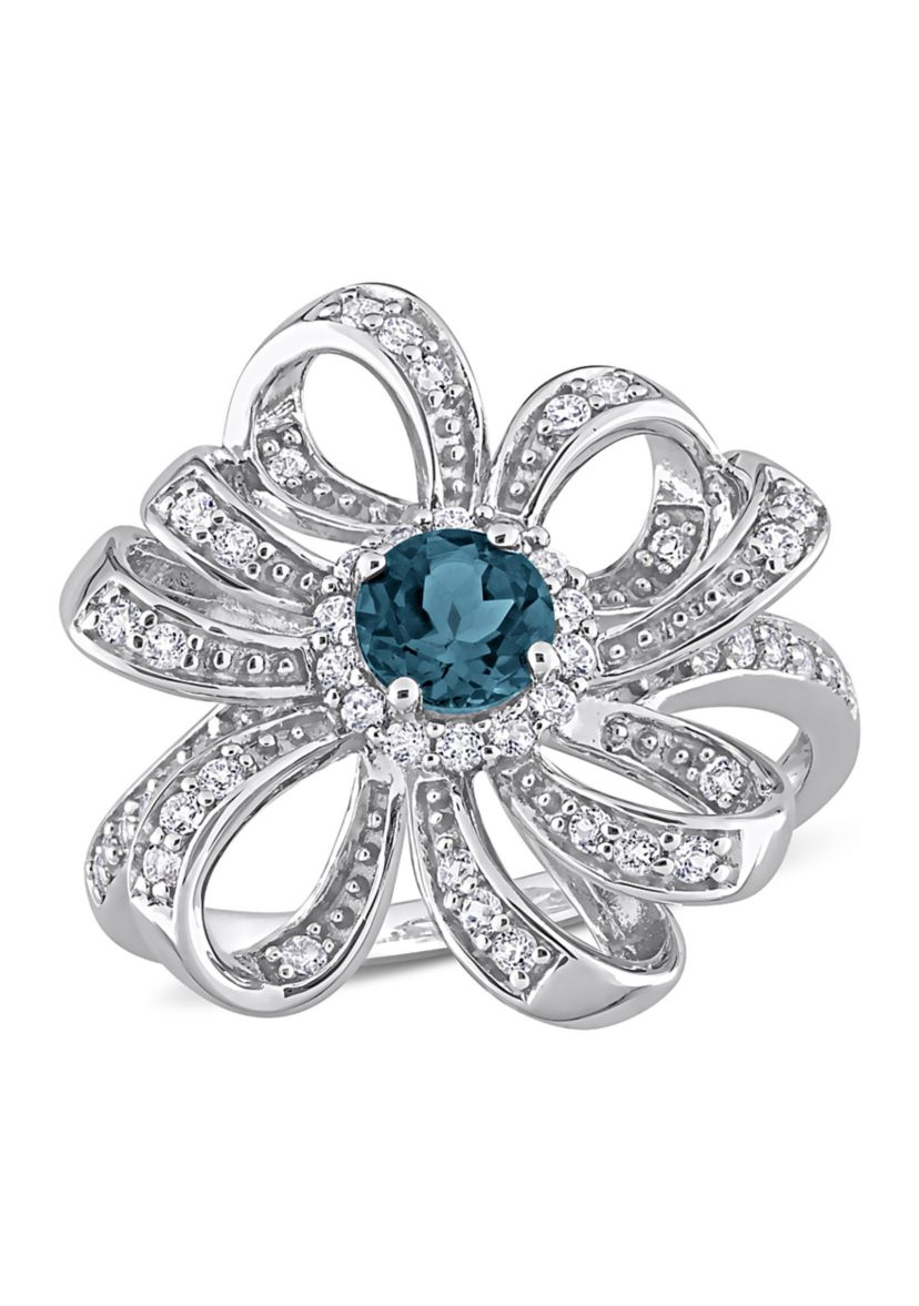 1 CT TGW London Blue Topaz and White Topaz Flower Cocktail Ring in Sterling Silver