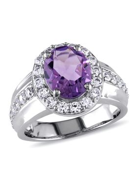 Belk & Co Lab Created 3 3/8 CT TGW Oval Cut Amethyst and White Sapphire Halo Ring in Sterling Silver, 6