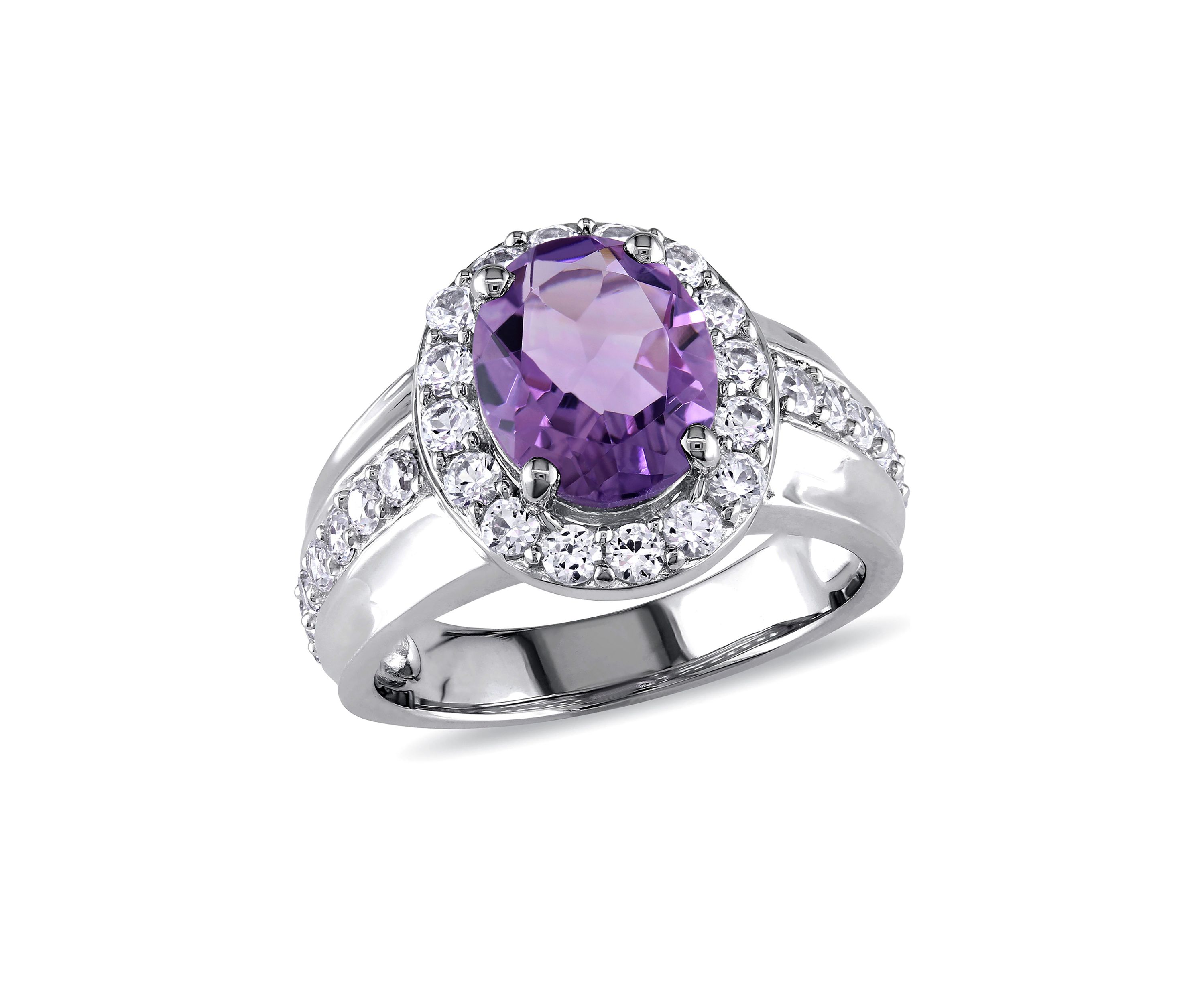 Lab Created 3 3/8 CT TGW Oval Cut Amethyst and Created White Sapphire Halo Ring in Sterling Silver