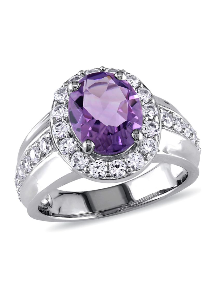 Lab Created 3 3/8 CT TGW Oval Cut Amethyst and Created White Sapphire Halo Ring in Sterling Silver