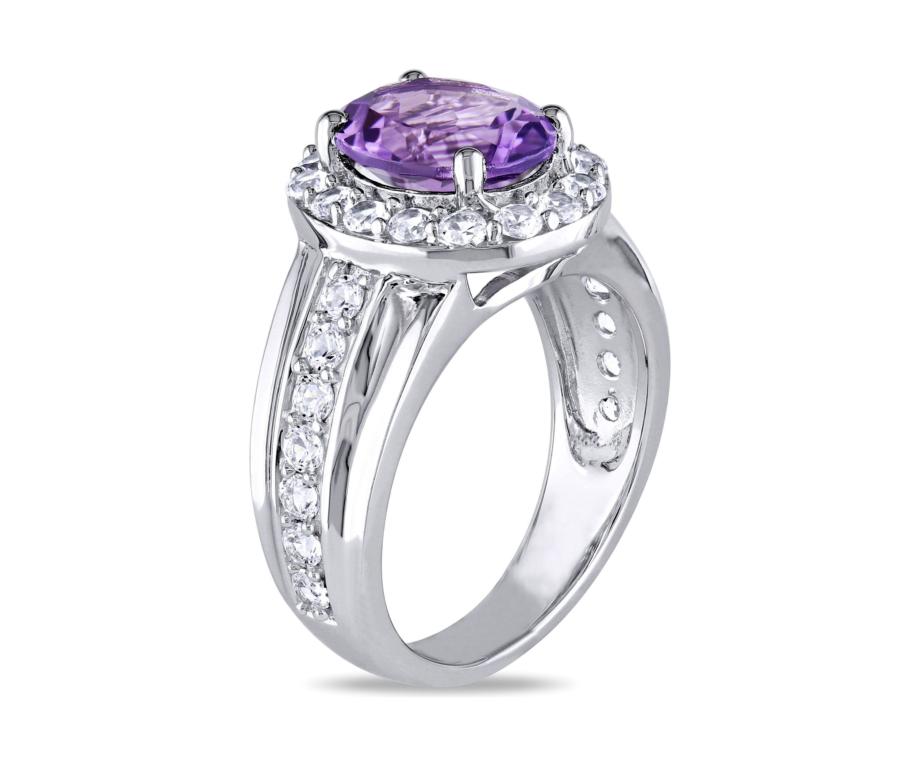 Lab Created 3 3/8 CT TGW Oval Cut Amethyst and Created White Sapphire Halo Ring in Sterling Silver