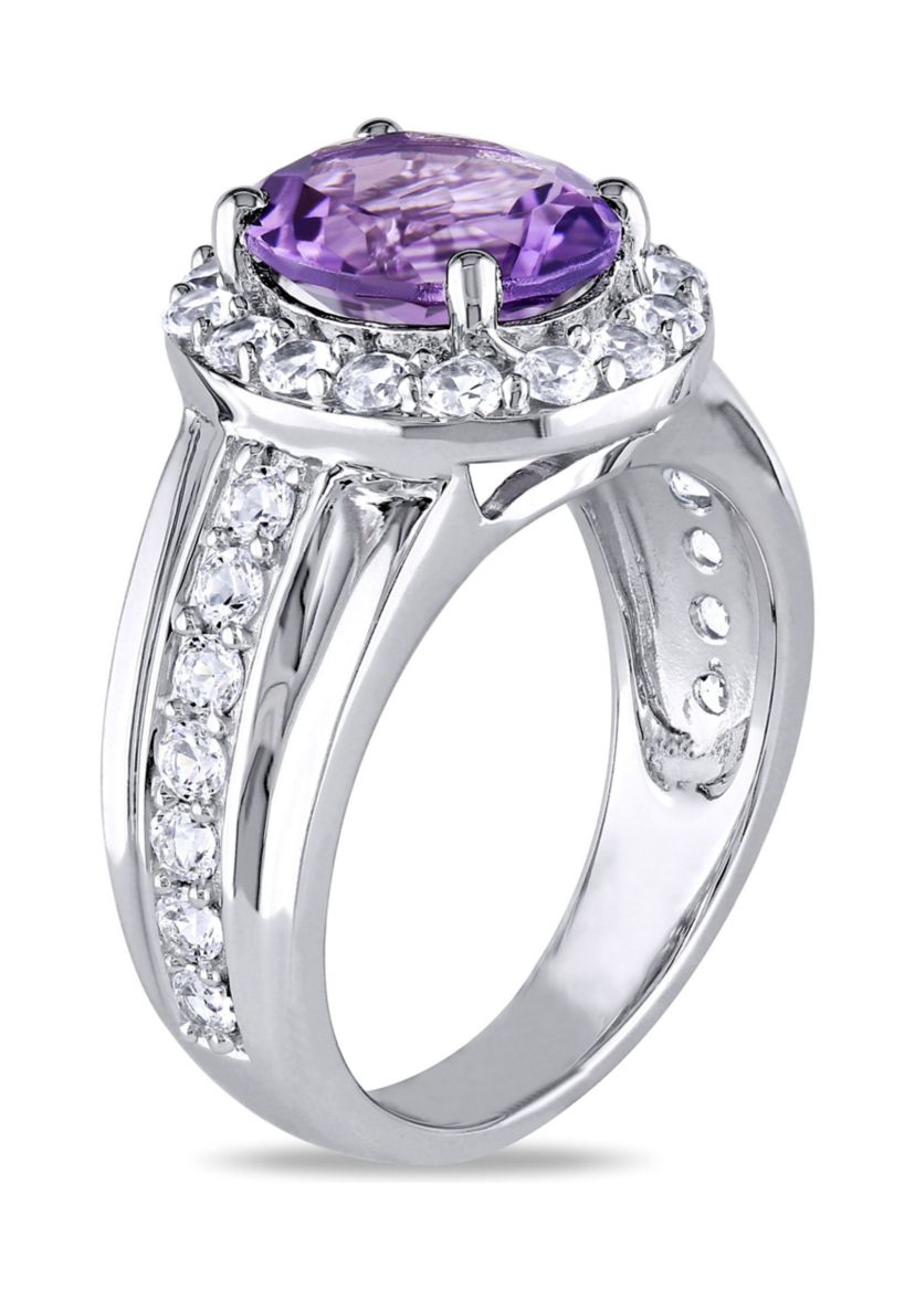 Lab Created 3 3/8 CT TGW Oval Cut Amethyst and Created White Sapphire Halo Ring in Sterling Silver
