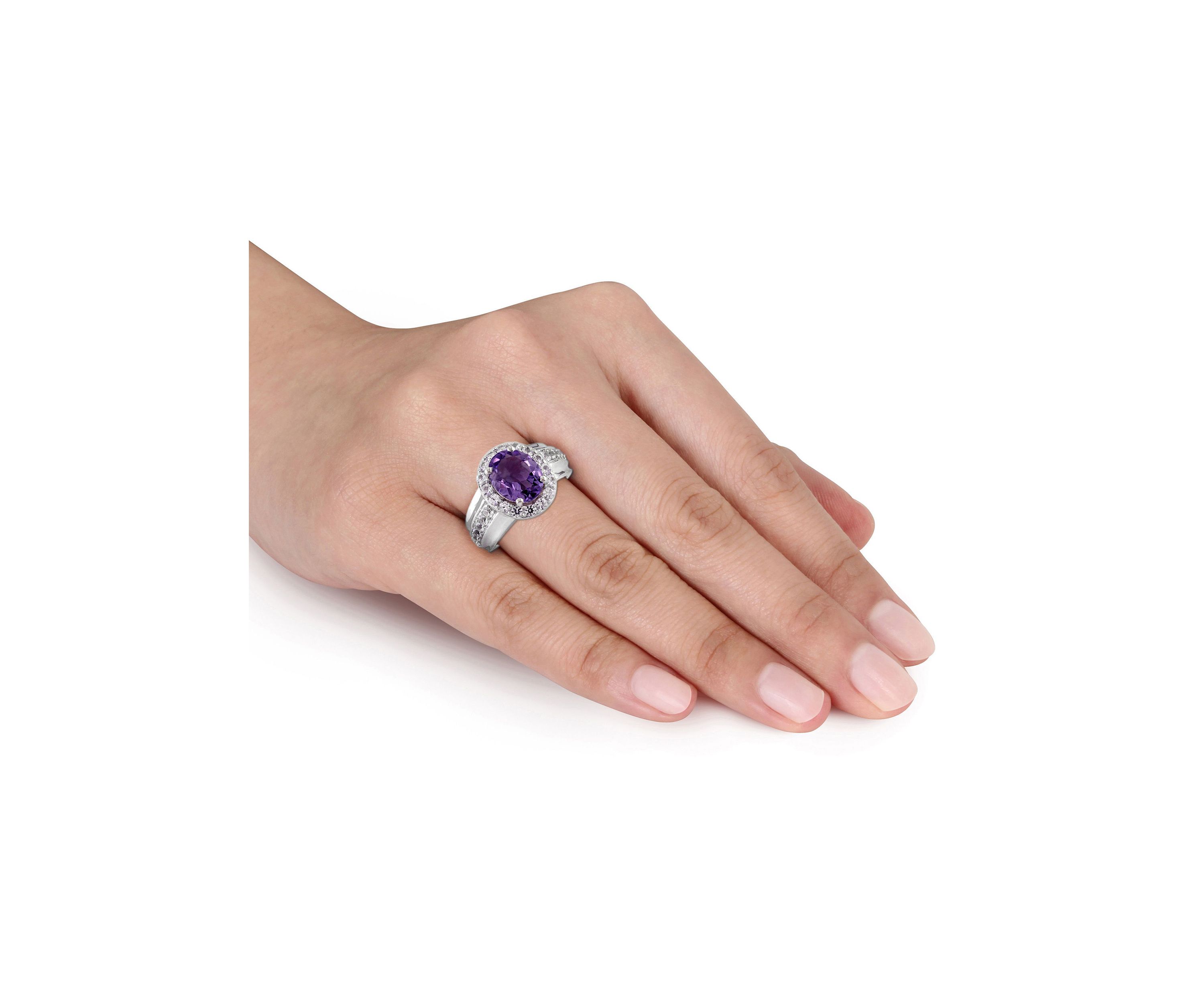Lab Created 3 3/8 CT TGW Oval Cut Amethyst and Created White Sapphire Halo Ring in Sterling Silver