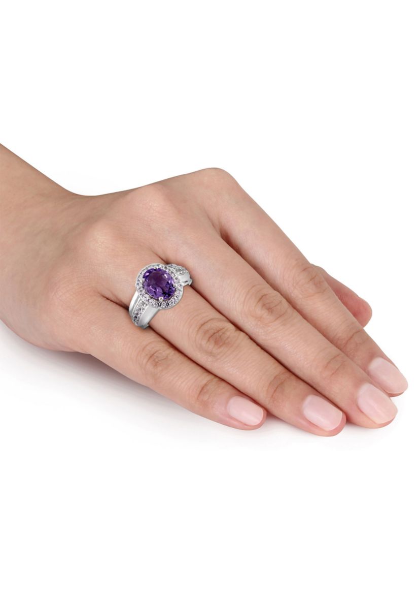 Lab Created 3 3/8 CT TGW Oval Cut Amethyst and Created White Sapphire Halo Ring in Sterling Silver