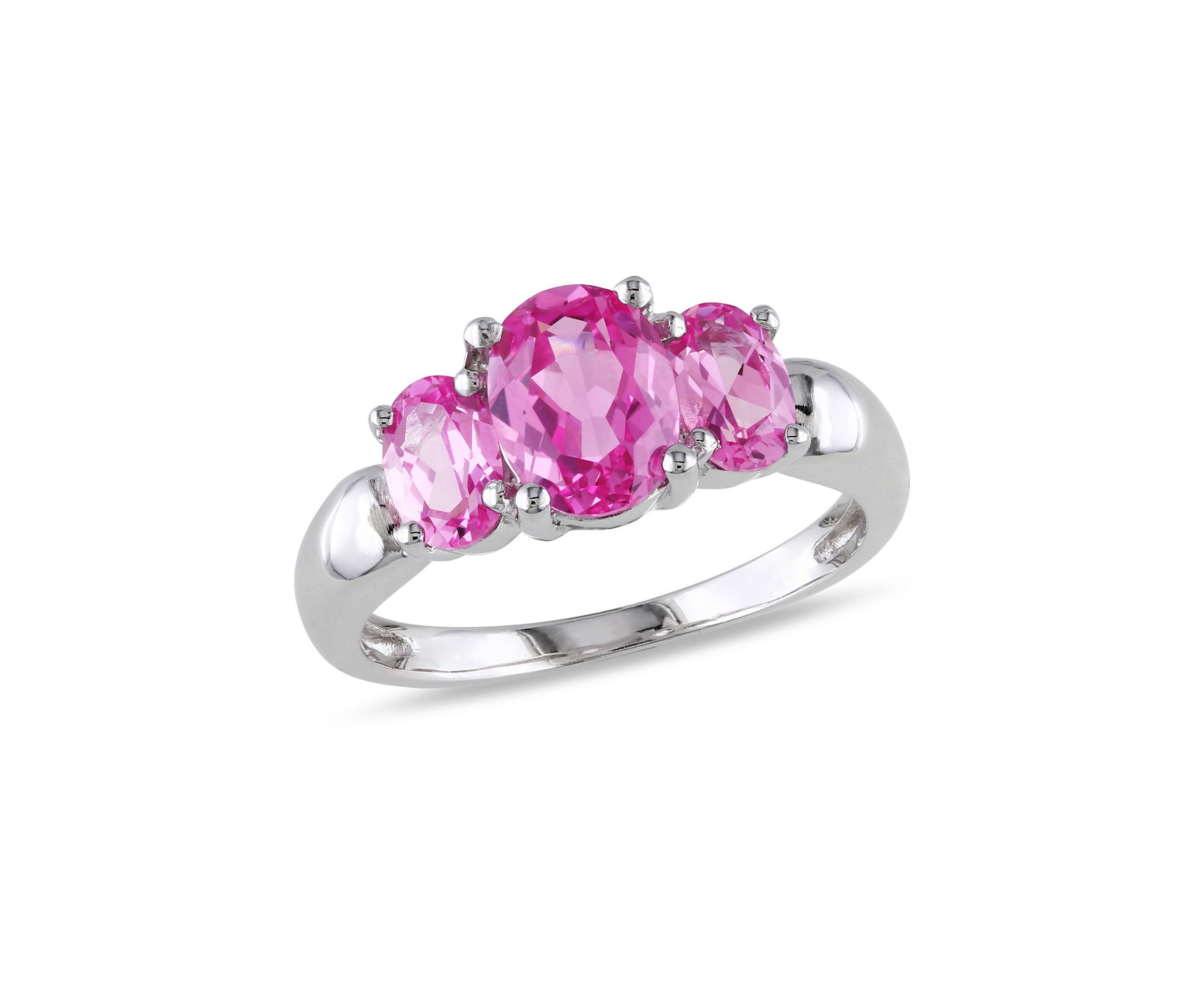 Lab Created 3 1/6 CT TGW Oval Cut Created Pink Sapphire 3-Stone Ring in Sterling Silver