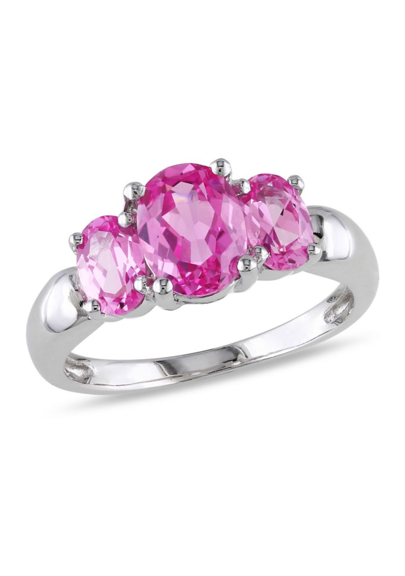 Lab Created 3 1/6 CT TGW Oval Cut Created Pink Sapphire 3-Stone Ring in Sterling Silver