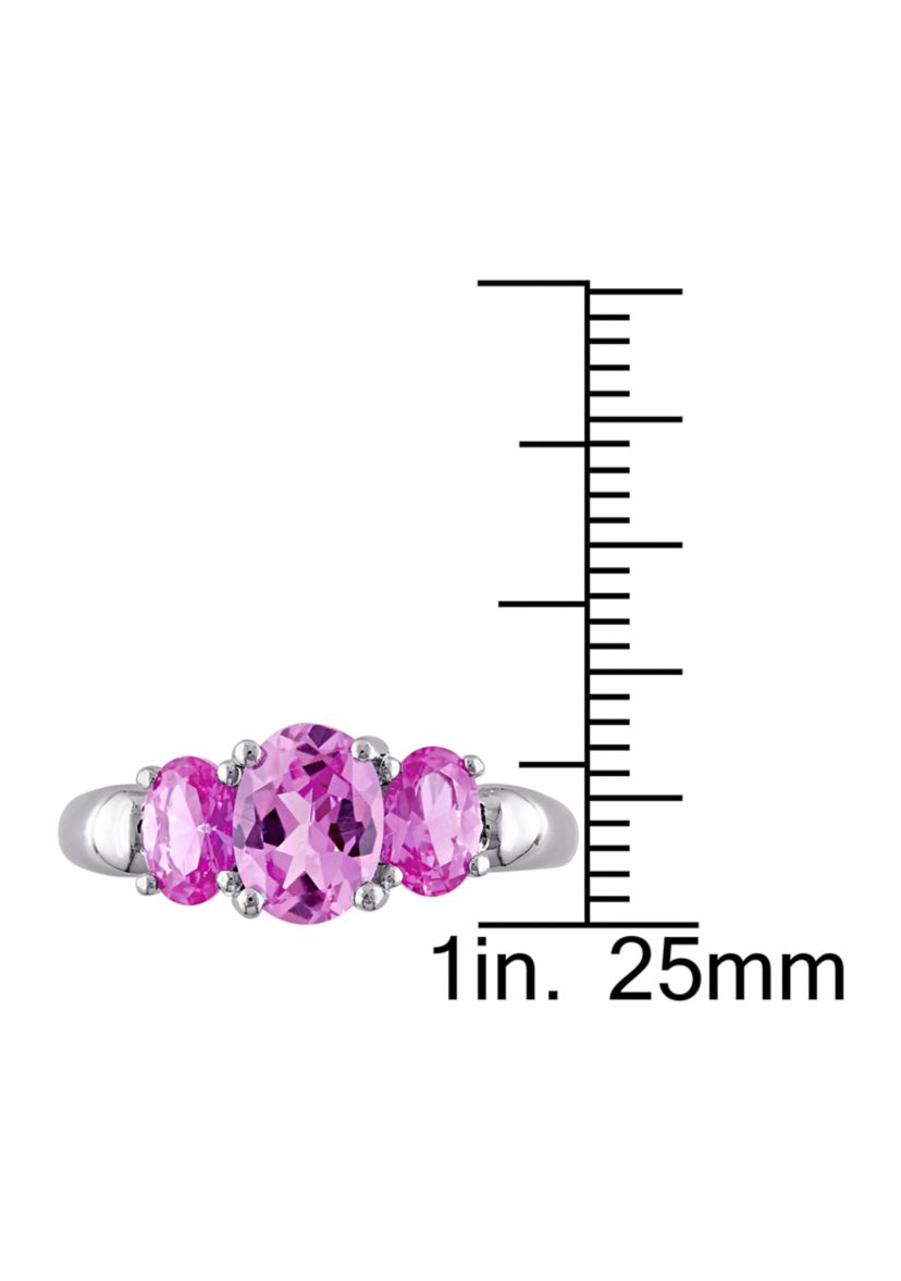 Lab Created 3 1/6 CT TGW Oval Cut Created Pink Sapphire 3-Stone Ring in Sterling Silver