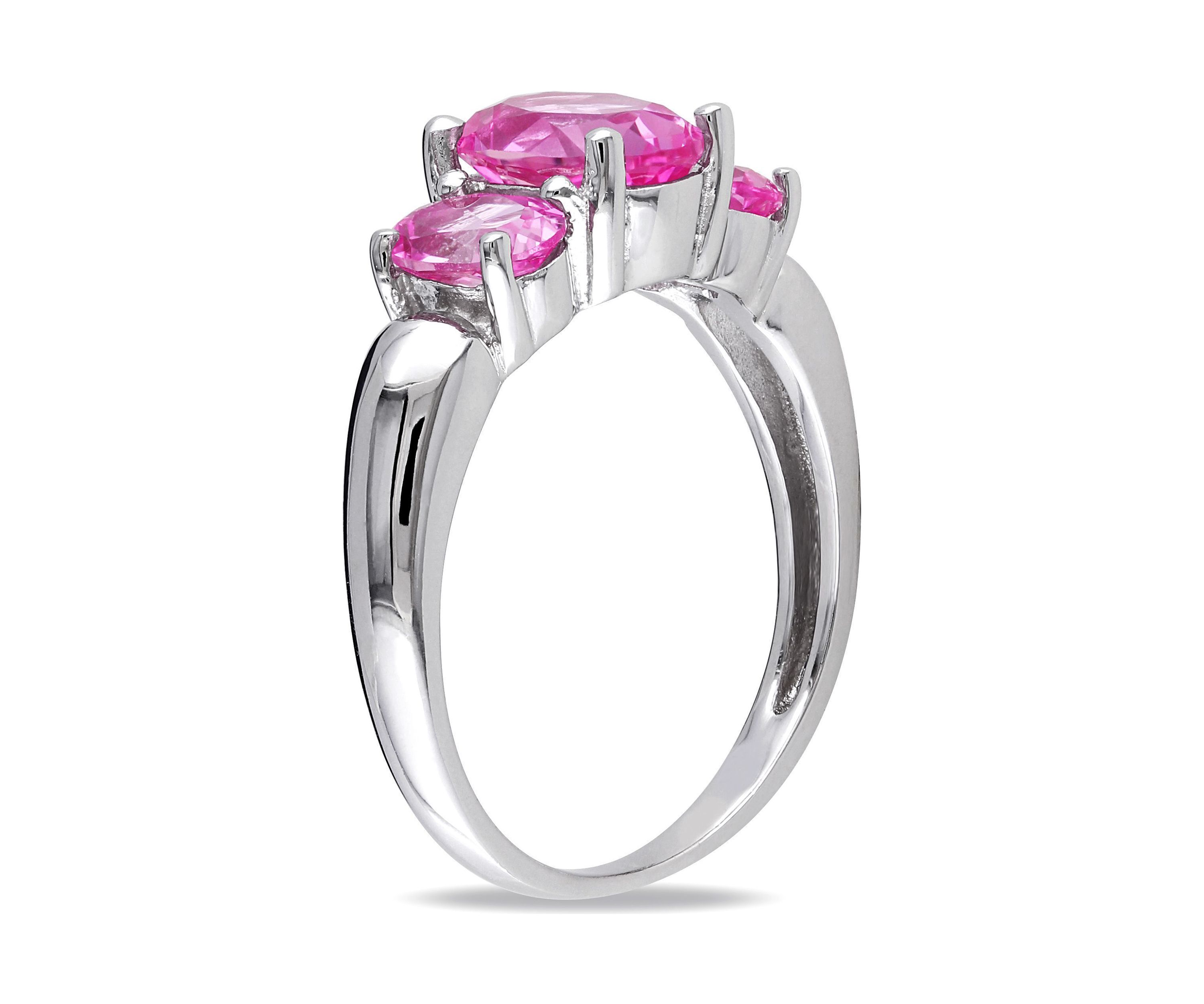 Lab Created 3 1/6 CT TGW Oval Cut Created Pink Sapphire 3-Stone Ring in Sterling Silver