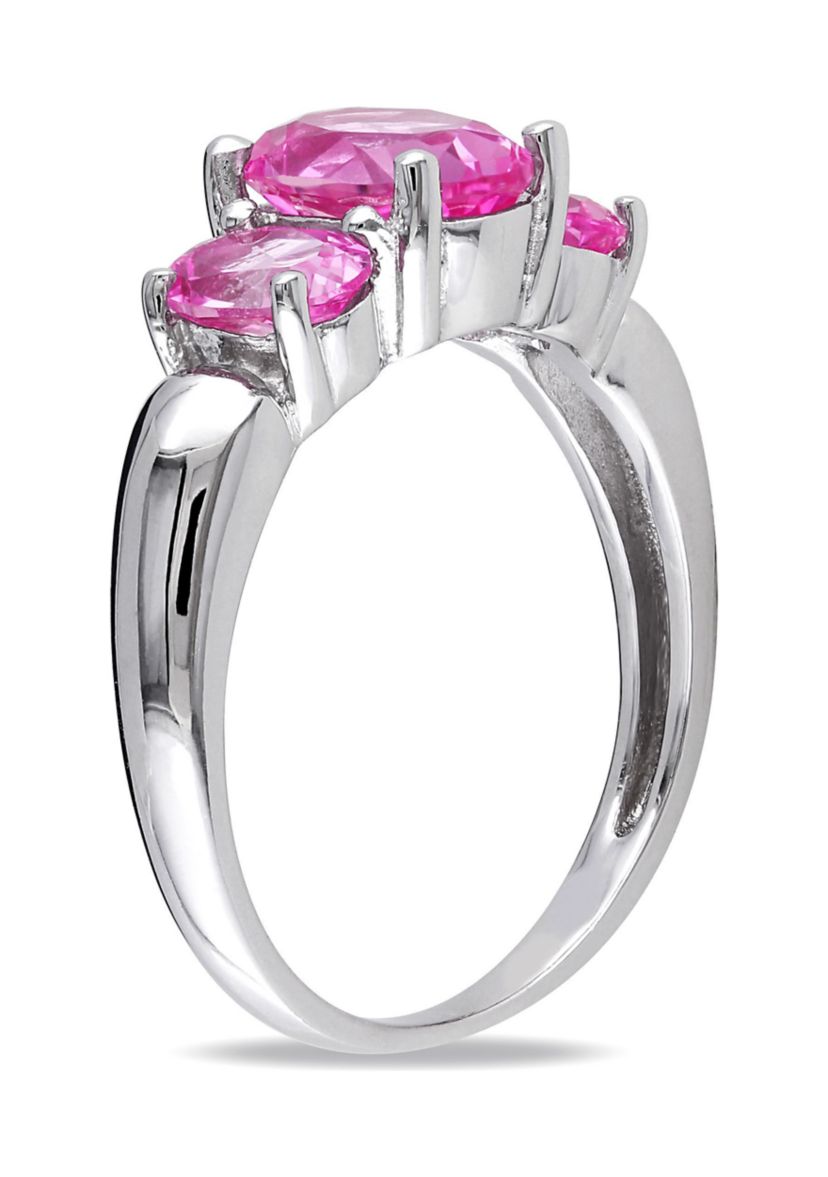Lab Created 3 1/6 CT TGW Oval Cut Created Pink Sapphire 3-Stone Ring in Sterling Silver