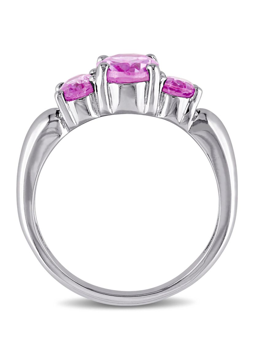 Lab Created 3 1/6 CT TGW Oval Cut Created Pink Sapphire 3-Stone Ring in Sterling Silver