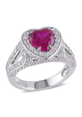 Belk & Co Lab Created 5 CT TGW Ruby and White Sapphire Heart Halo Split Shank Ring in Sterling Silver