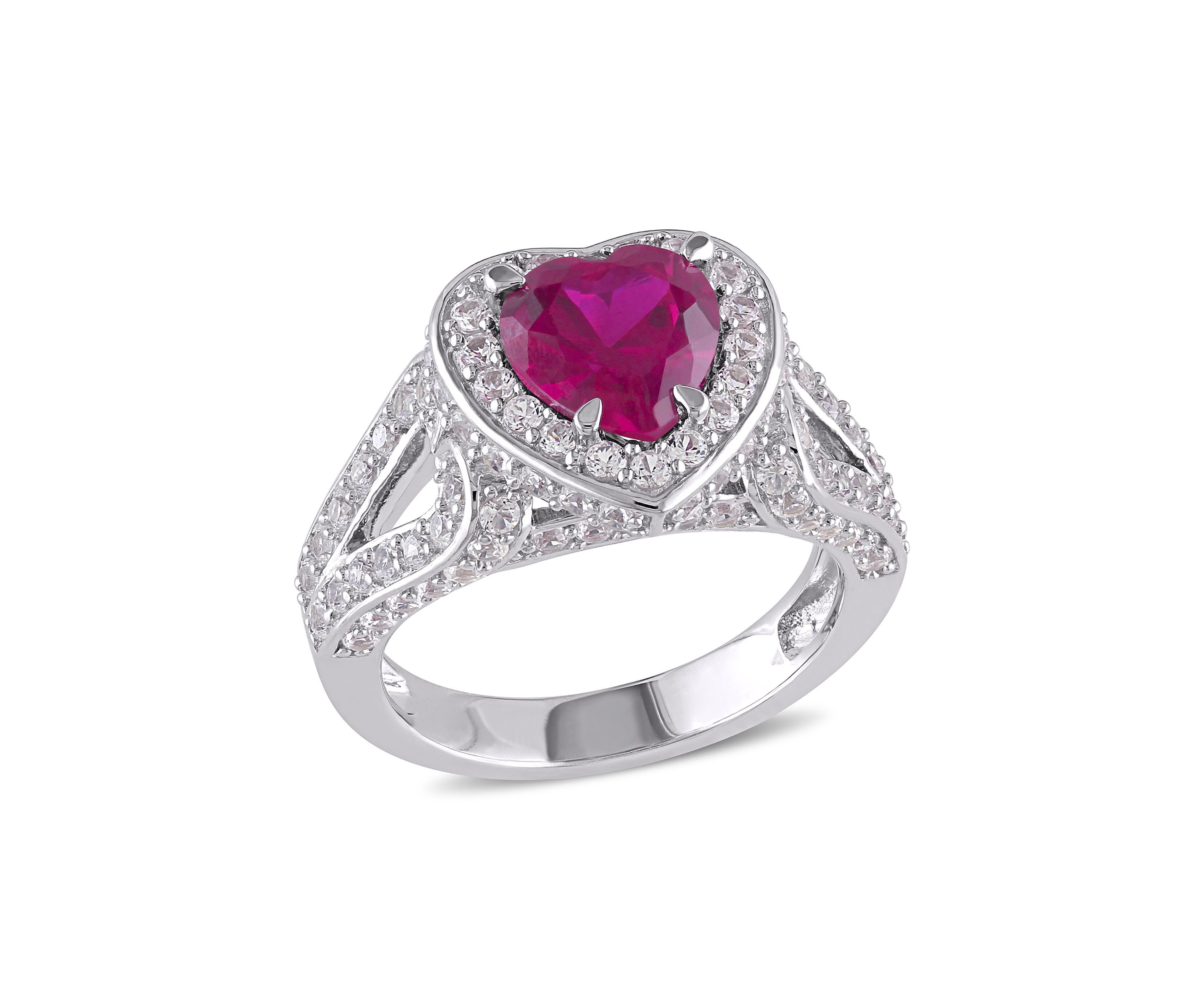 Lab Created 5 CT TGW Created Ruby and Created White Sapphire Heart Halo Split Shank Ring in Sterling Silver