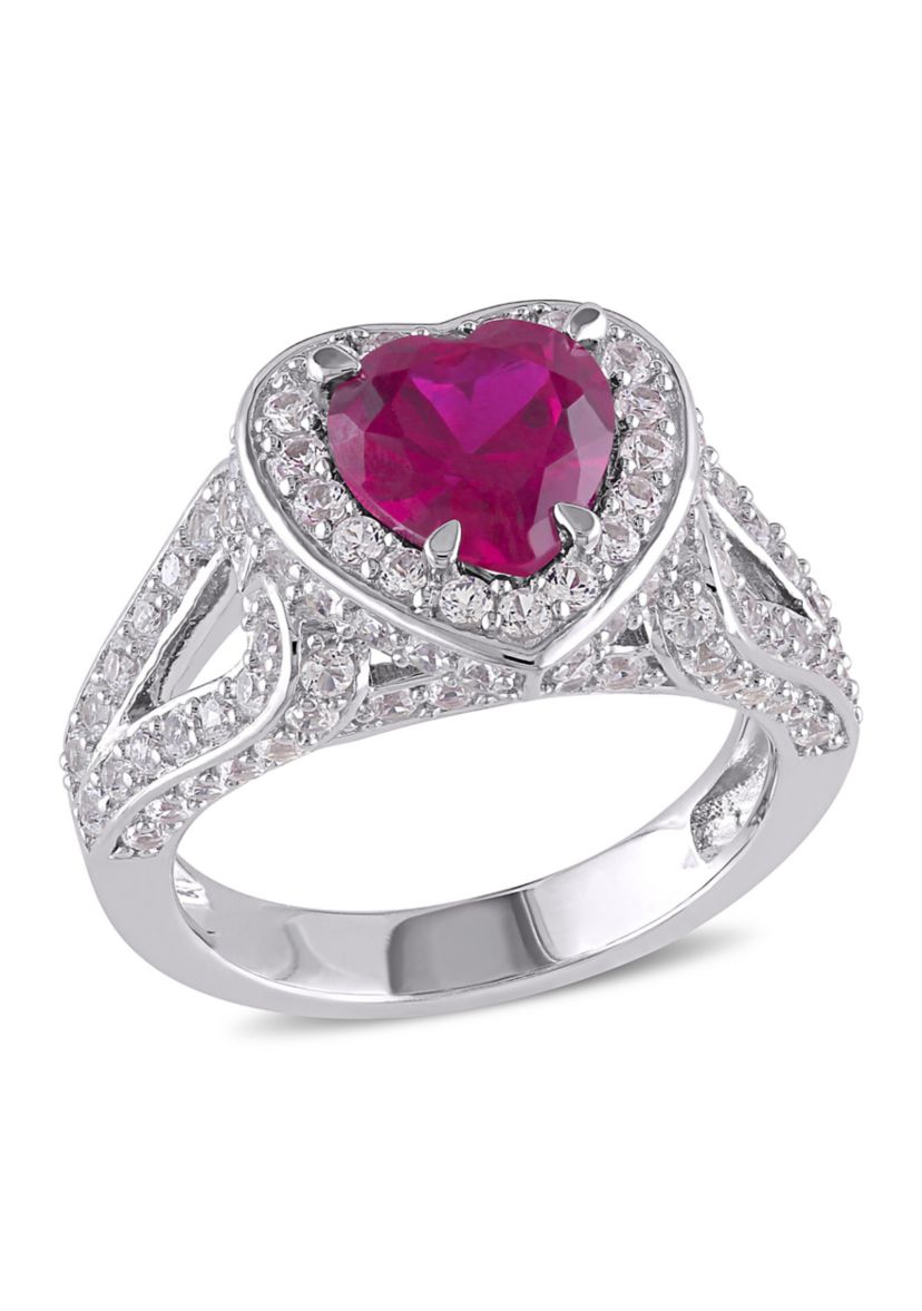 Lab Created 5 CT TGW Created Ruby and Created White Sapphire Heart Halo Split Shank Ring in Sterling Silver