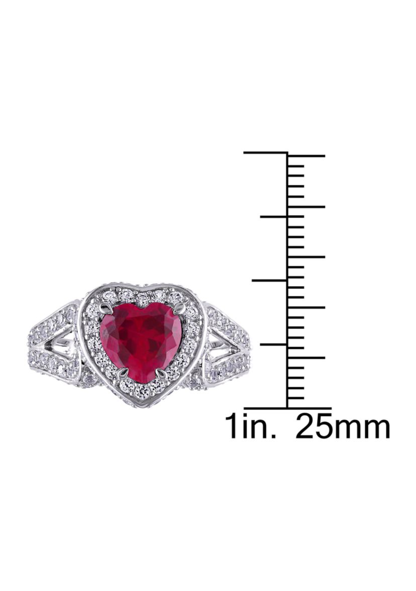 Lab Created 5 CT TGW Created Ruby and Created White Sapphire Heart Halo Split Shank Ring in Sterling Silver