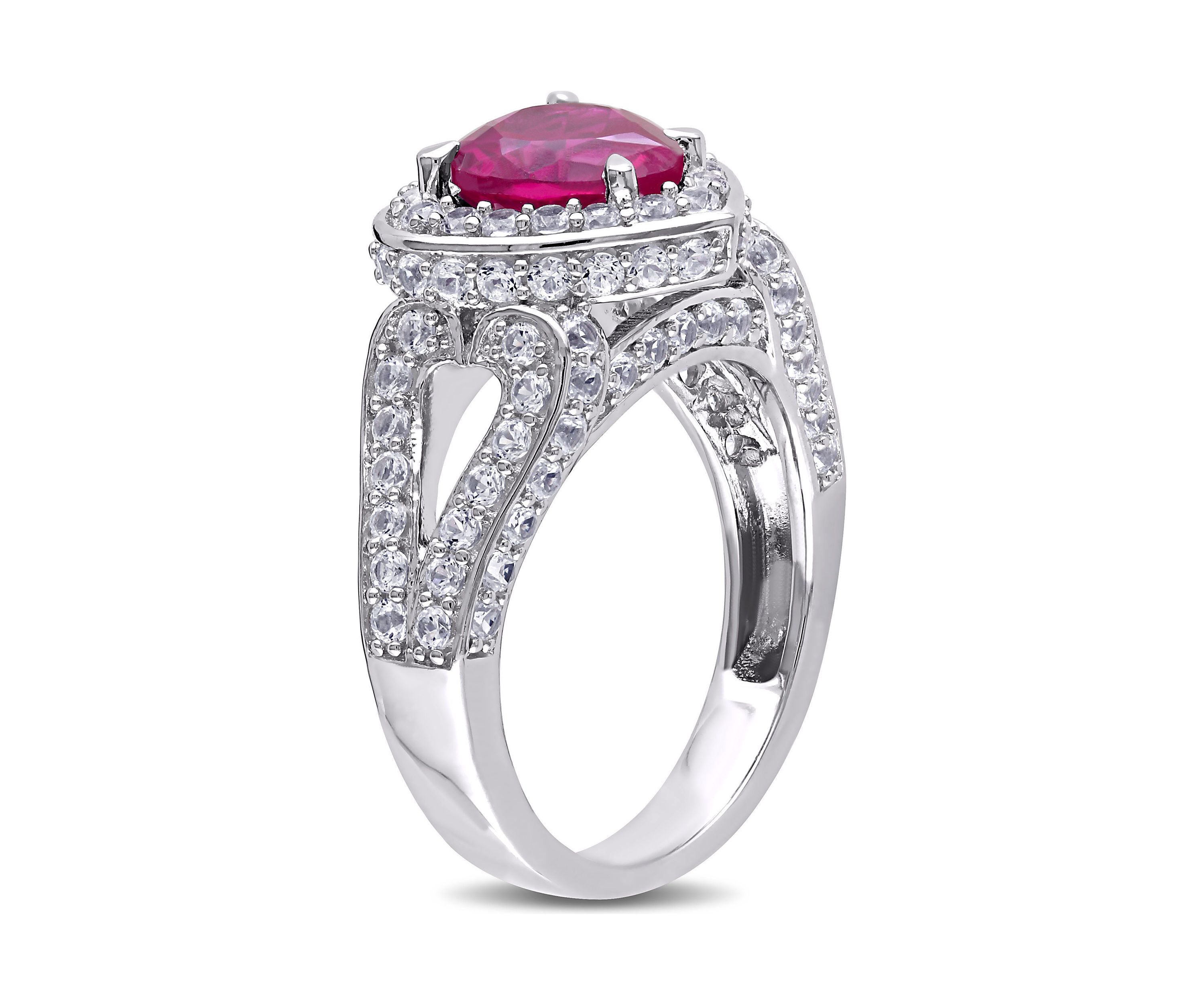 Lab Created 5 CT TGW Created Ruby and Created White Sapphire Heart Halo Split Shank Ring in Sterling Silver