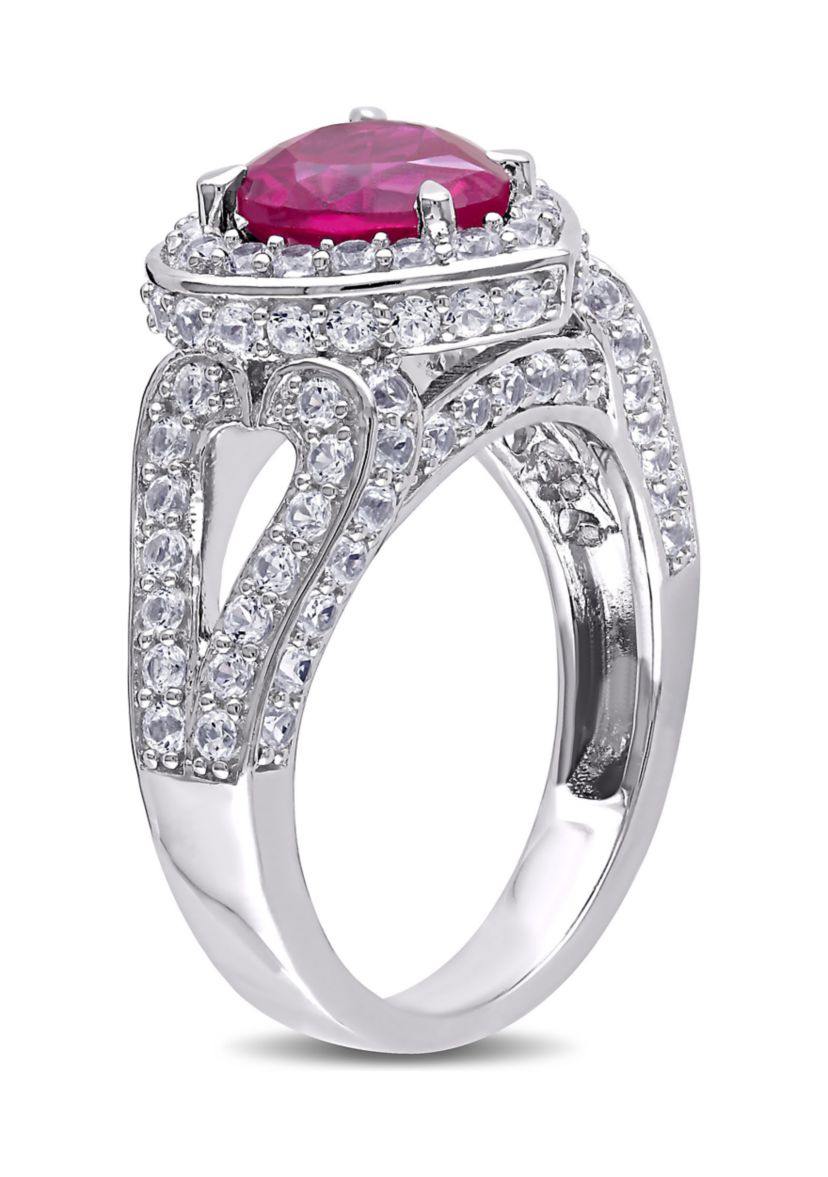 Lab Created 5 CT TGW Created Ruby and Created White Sapphire Heart Halo Split Shank Ring in Sterling Silver