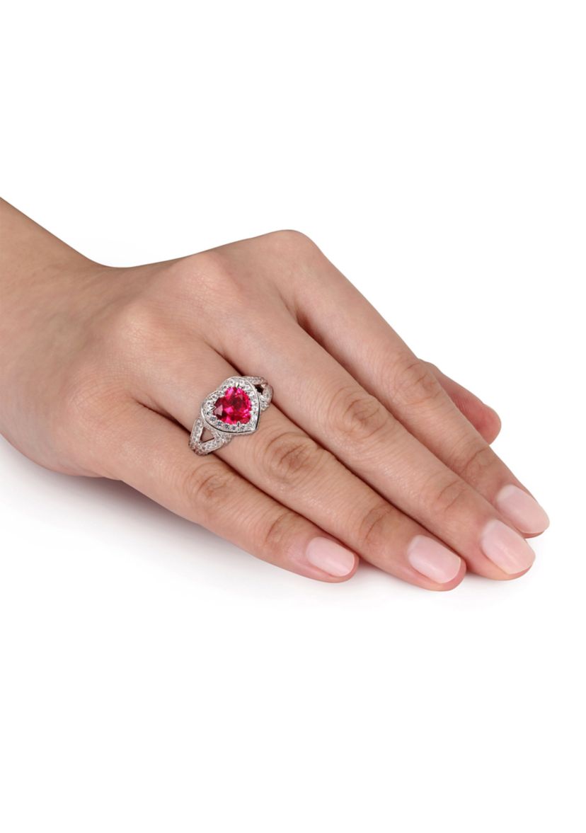Lab Created 5 CT TGW Created Ruby and Created White Sapphire Heart Halo Split Shank Ring in Sterling Silver
