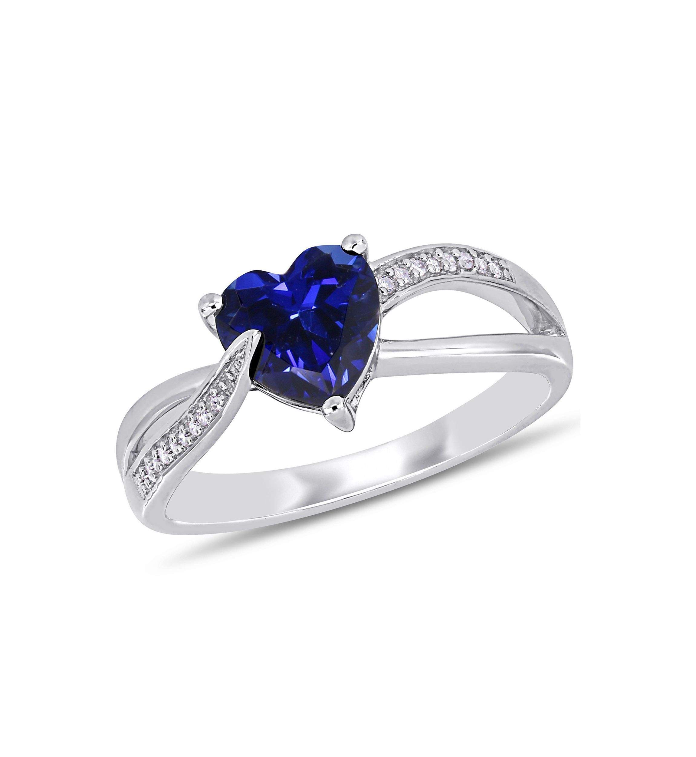Lab Created Created Blue Sapphire and Diamond Heart Crossover Ring in Sterling Silver