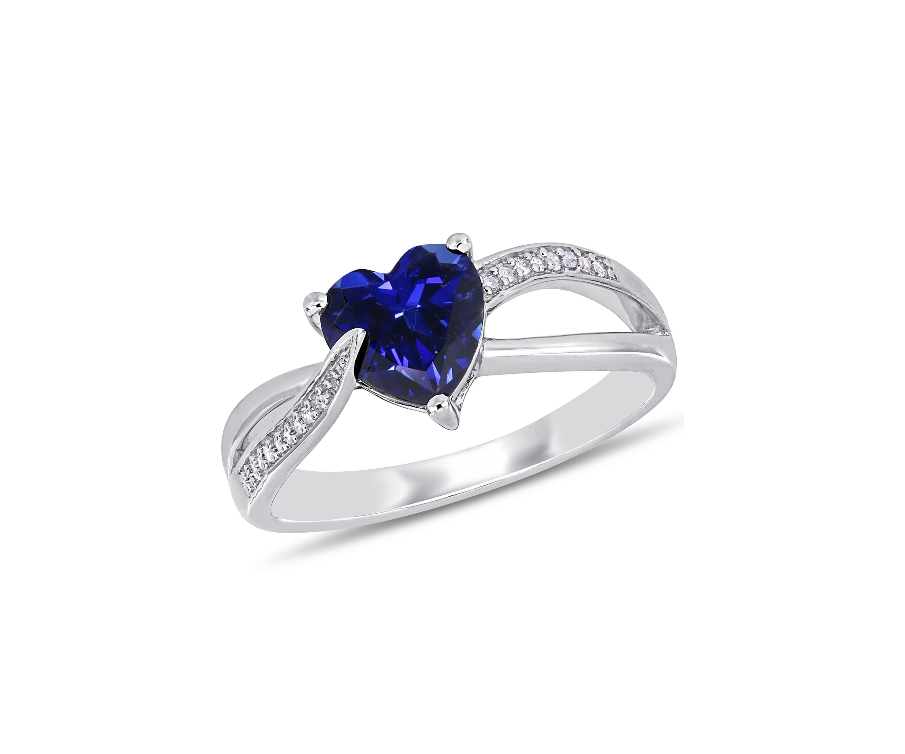 Lab Created Created Blue Sapphire and Diamond Heart Crossover Ring in Sterling Silver