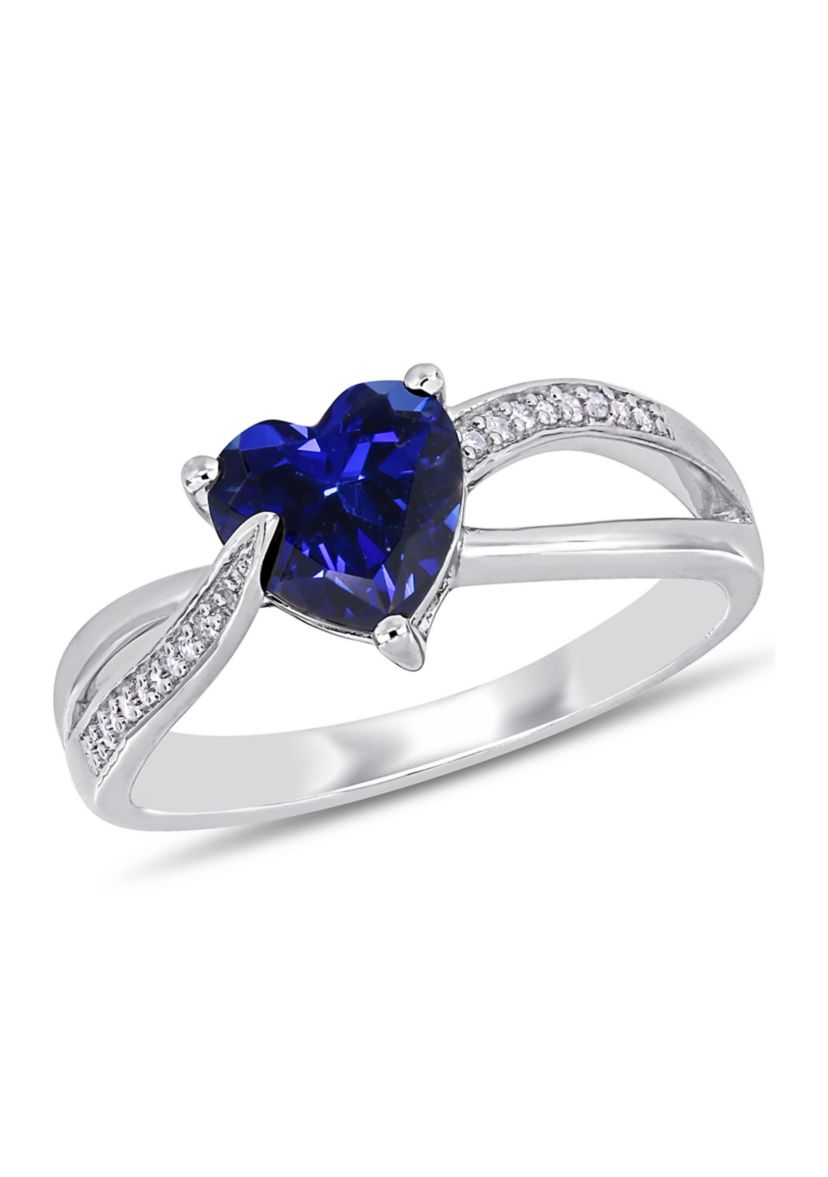 Lab Created Created Blue Sapphire and Diamond Heart Crossover Ring in Sterling Silver