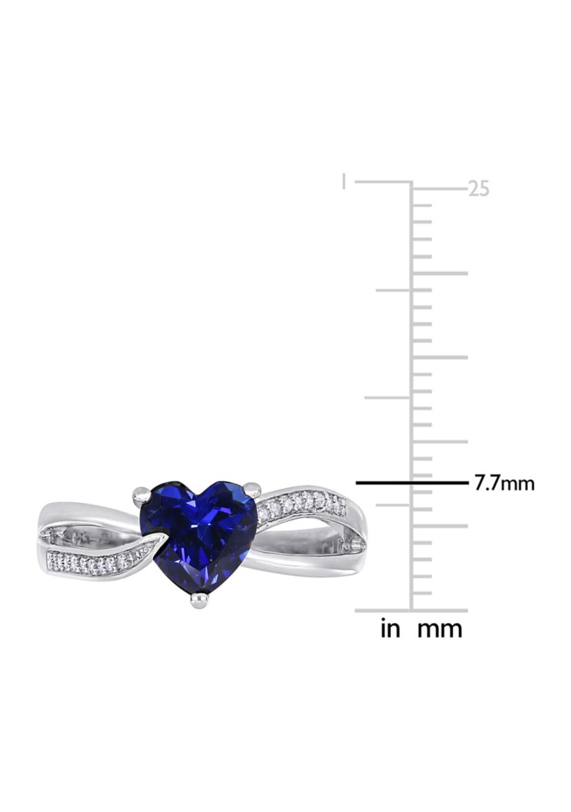 Lab Created Created Blue Sapphire and Diamond Heart Crossover Ring in Sterling Silver