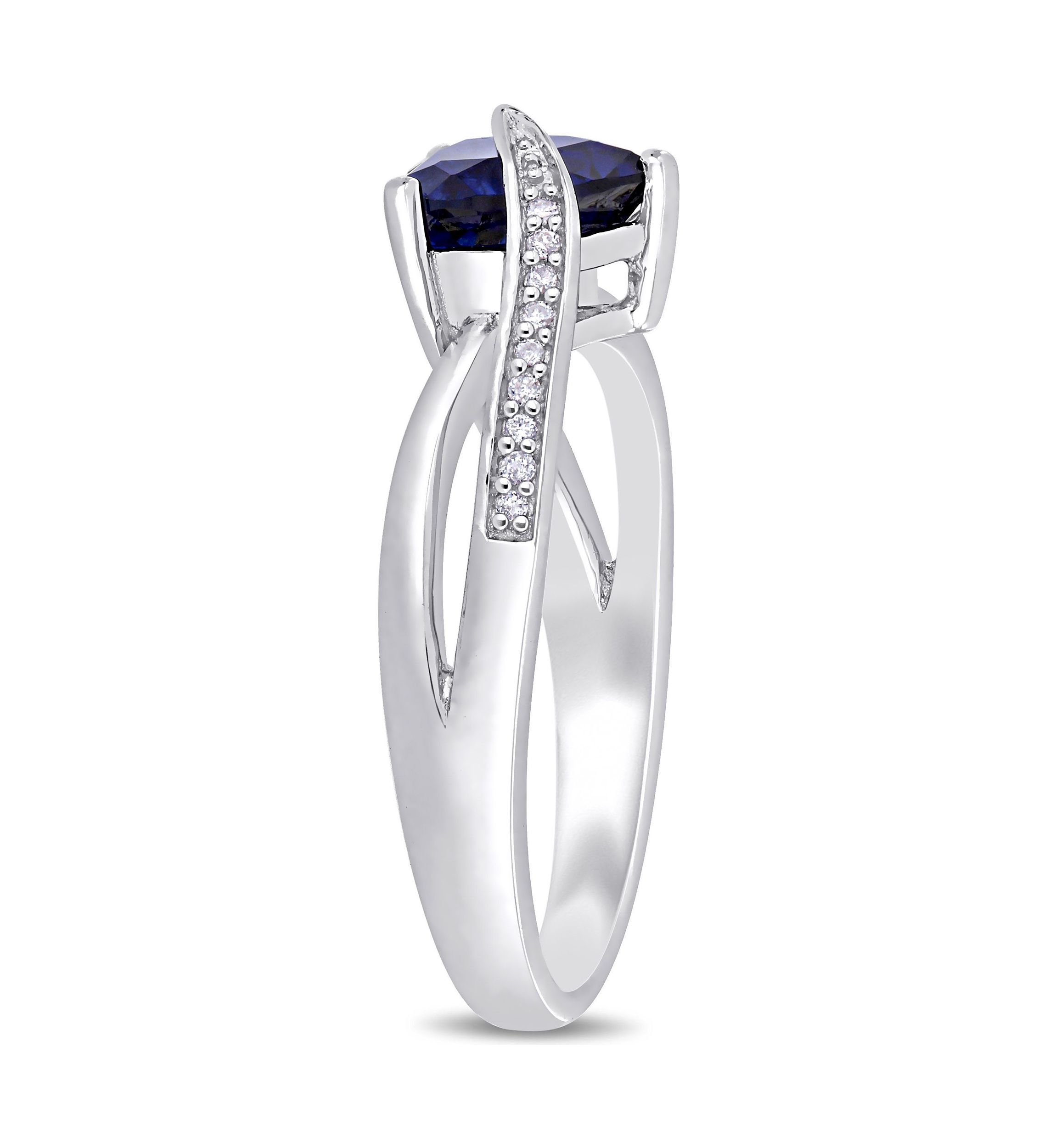 Lab Created Created Blue Sapphire and Diamond Heart Crossover Ring in Sterling Silver