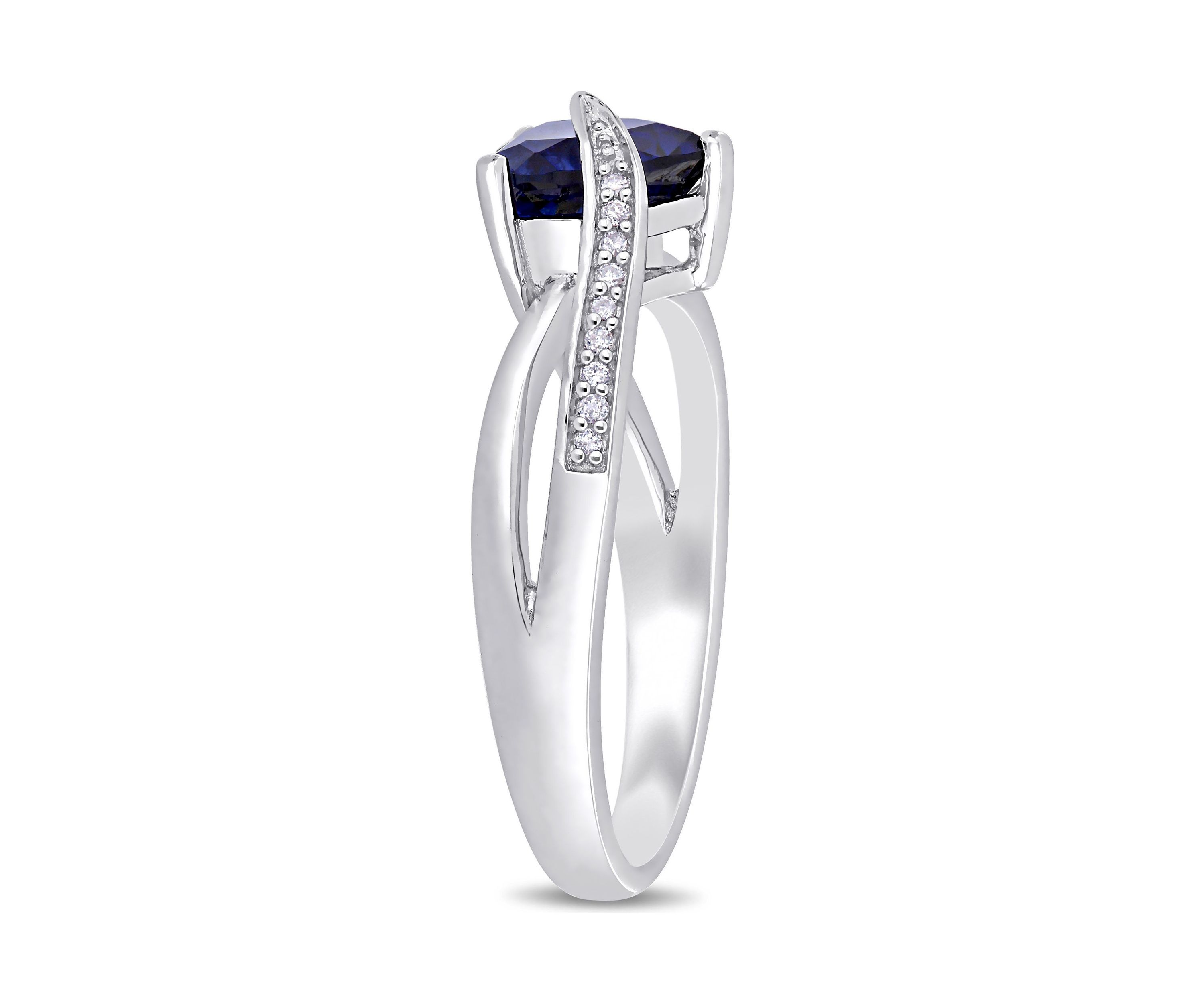 Lab Created Created Blue Sapphire and Diamond Heart Crossover Ring in Sterling Silver