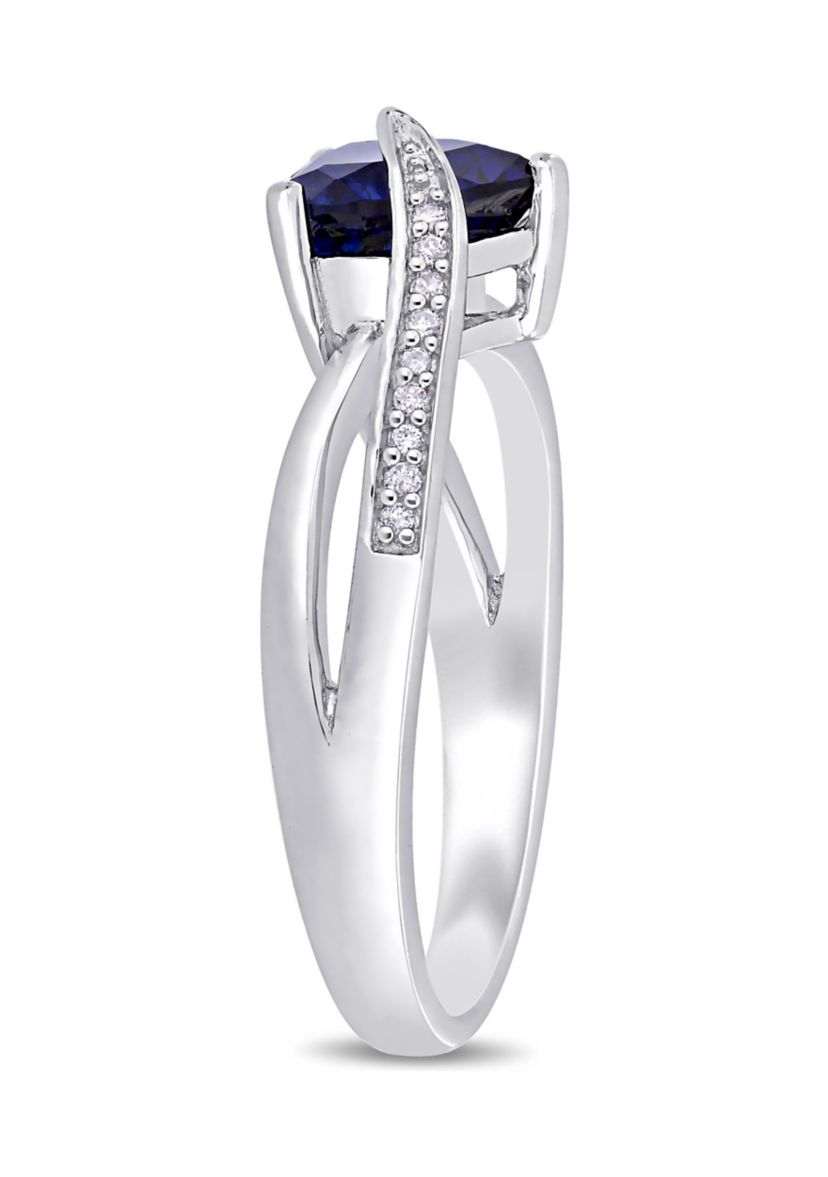 Lab Created Created Blue Sapphire and Diamond Heart Crossover Ring in Sterling Silver
