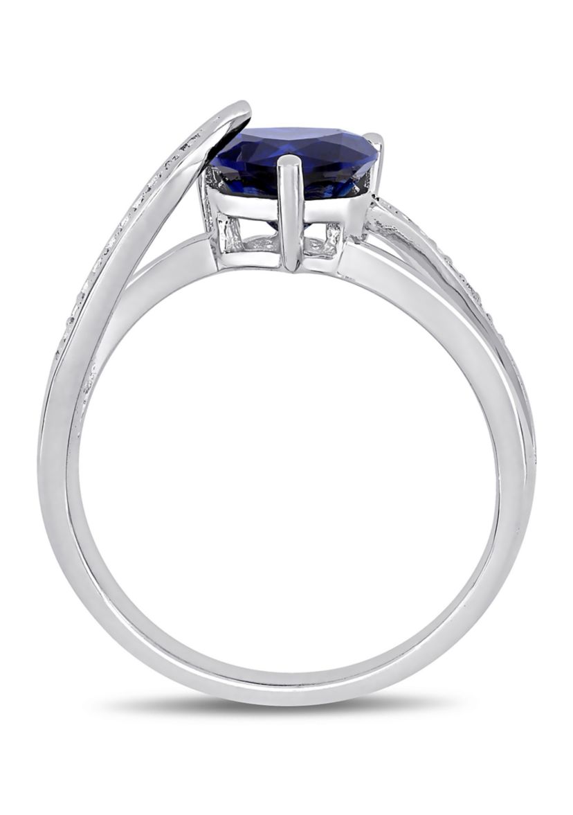 Lab Created Created Blue Sapphire and Diamond Heart Crossover Ring in Sterling Silver