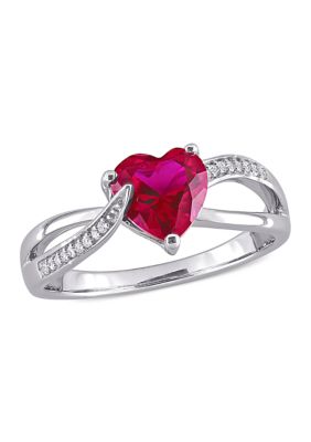 Belk & Co Lab Created Ruby and Diamond Heart Crossover Ring in Sterling Silver, White, 8