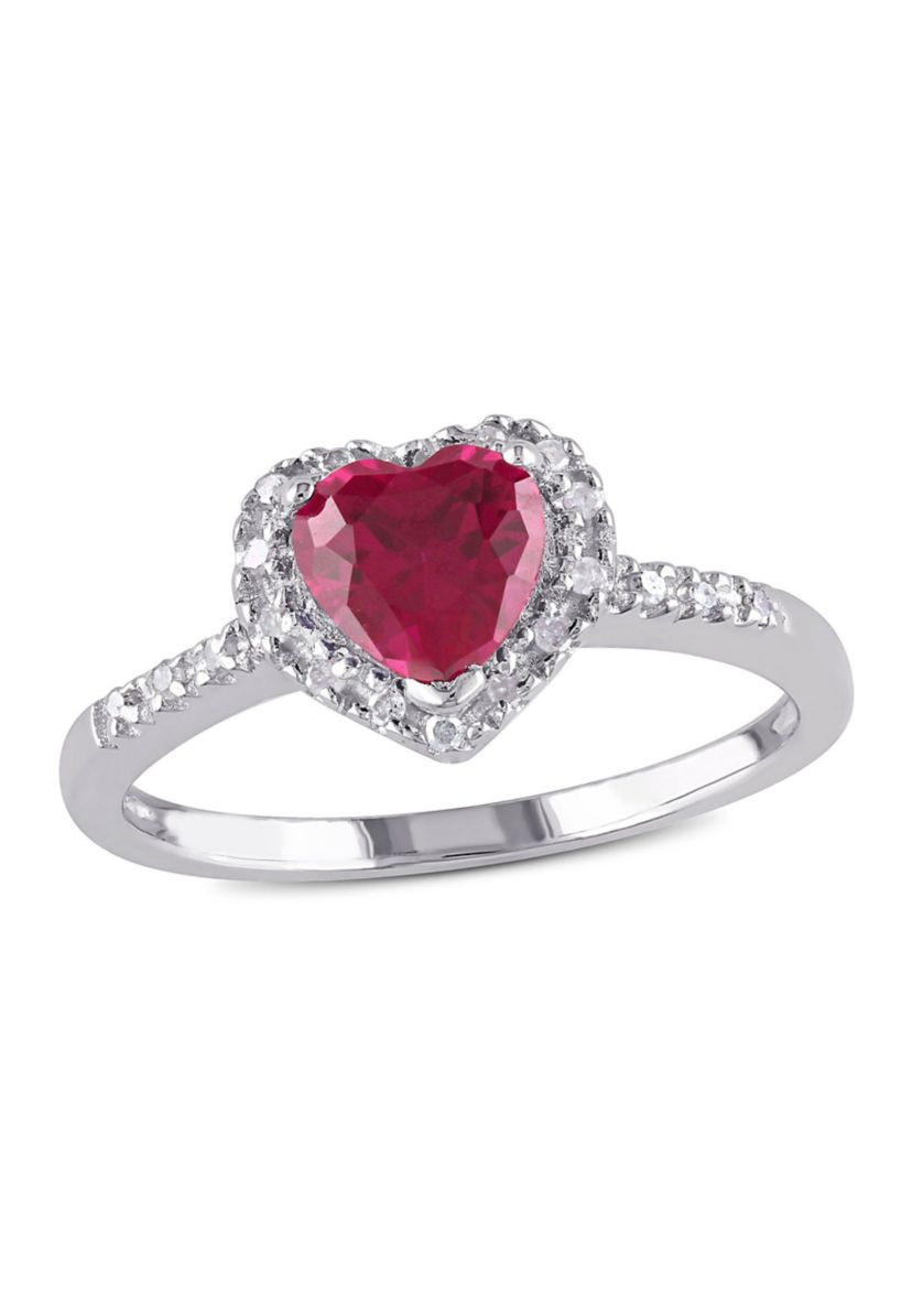 Lab Created 1/10 CT TW Diamond and Created Ruby Heart Halo Ring in Sterling Silver