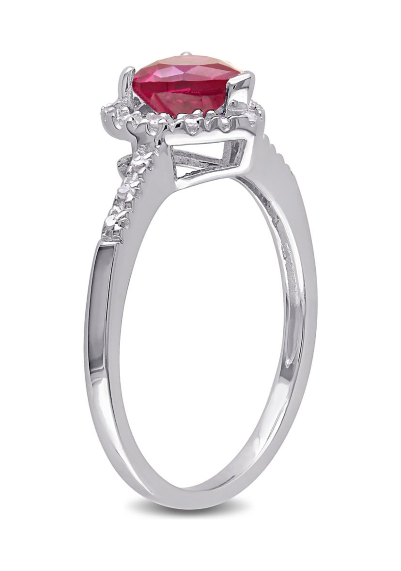 Lab Created 1/10 CT TW Diamond and Created Ruby Heart Halo Ring in Sterling Silver