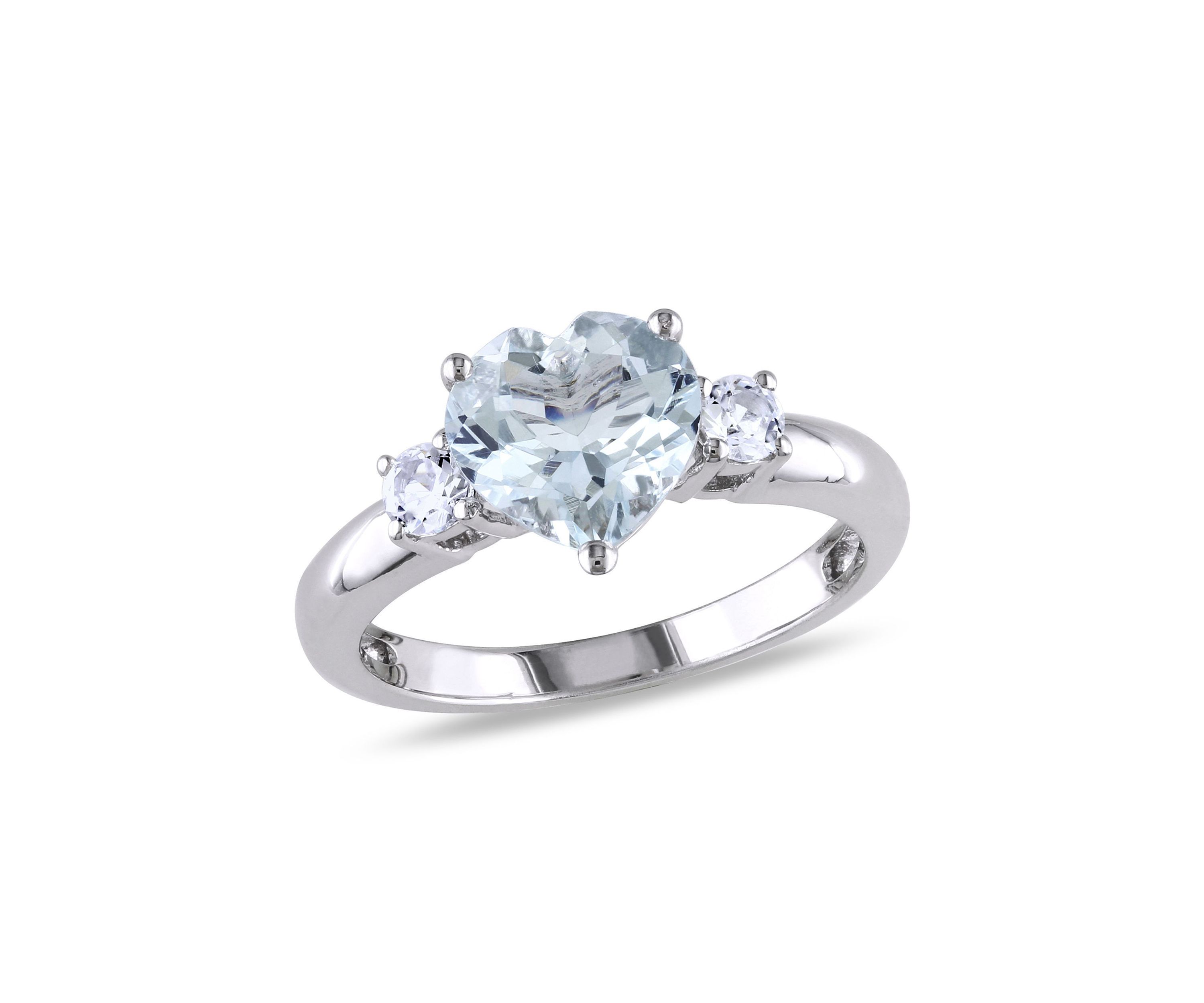 Aquamarine and Created White Sapphire Heart Ring in Sterling Silver