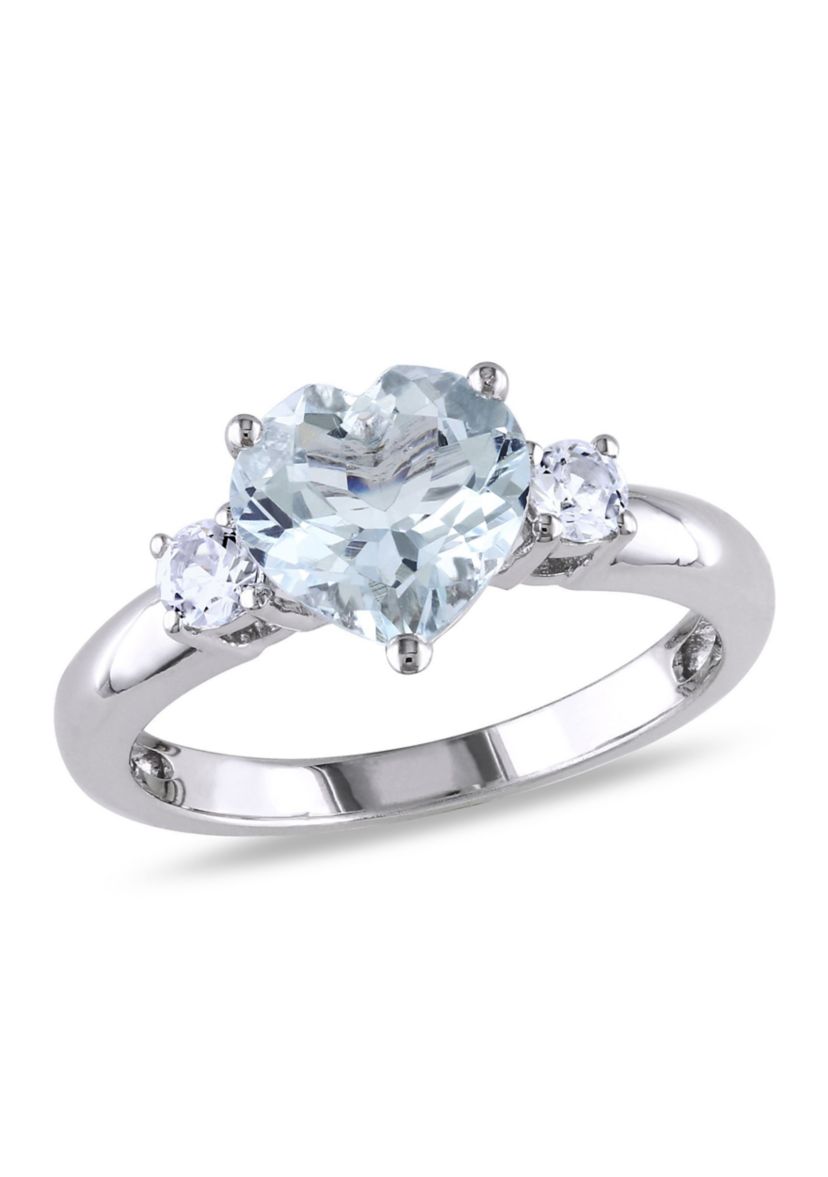 Aquamarine and Created White Sapphire Heart Ring in Sterling Silver